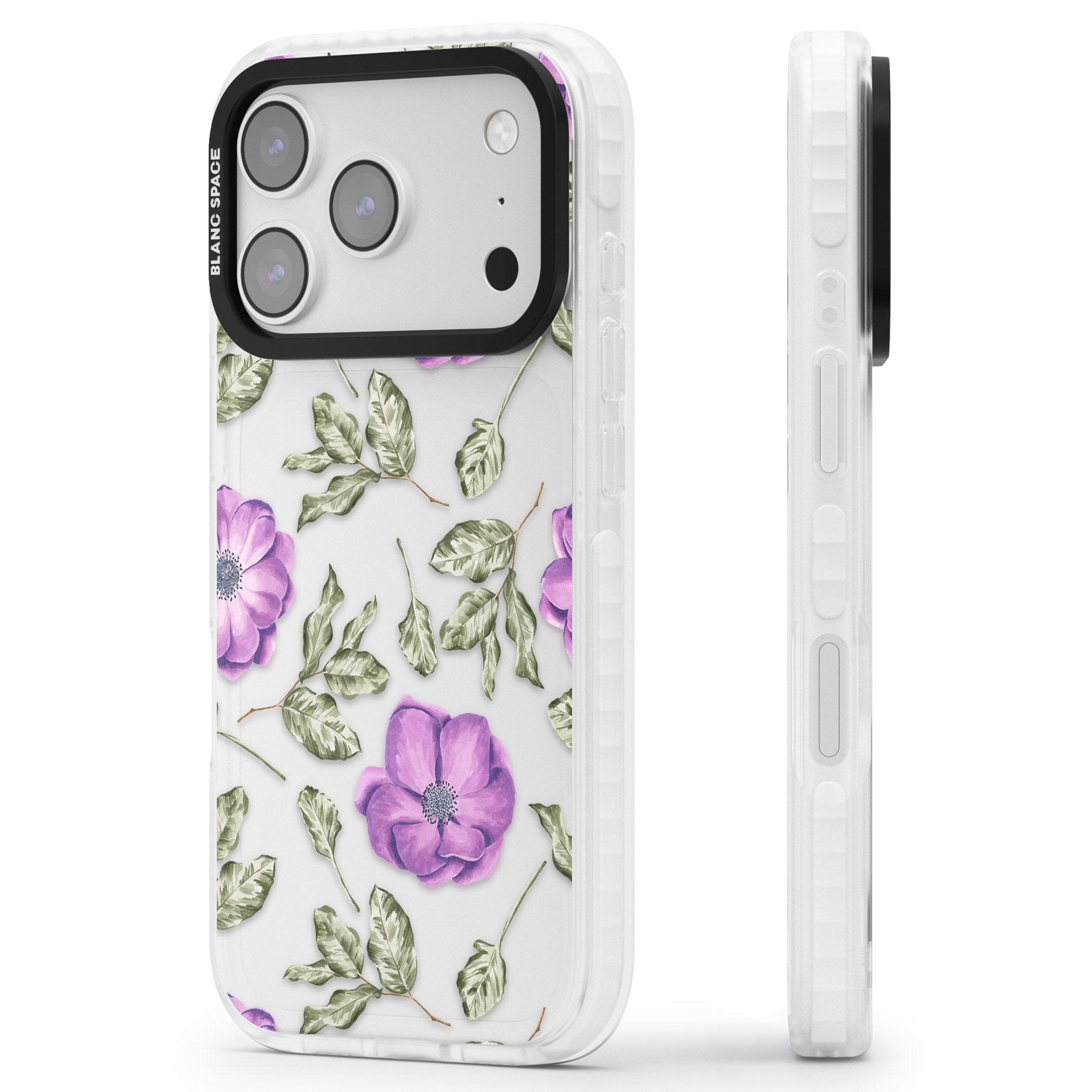 Purple Bloom Floral iPhone 17 Pro Max Impact Clear Phone Case Side Profile