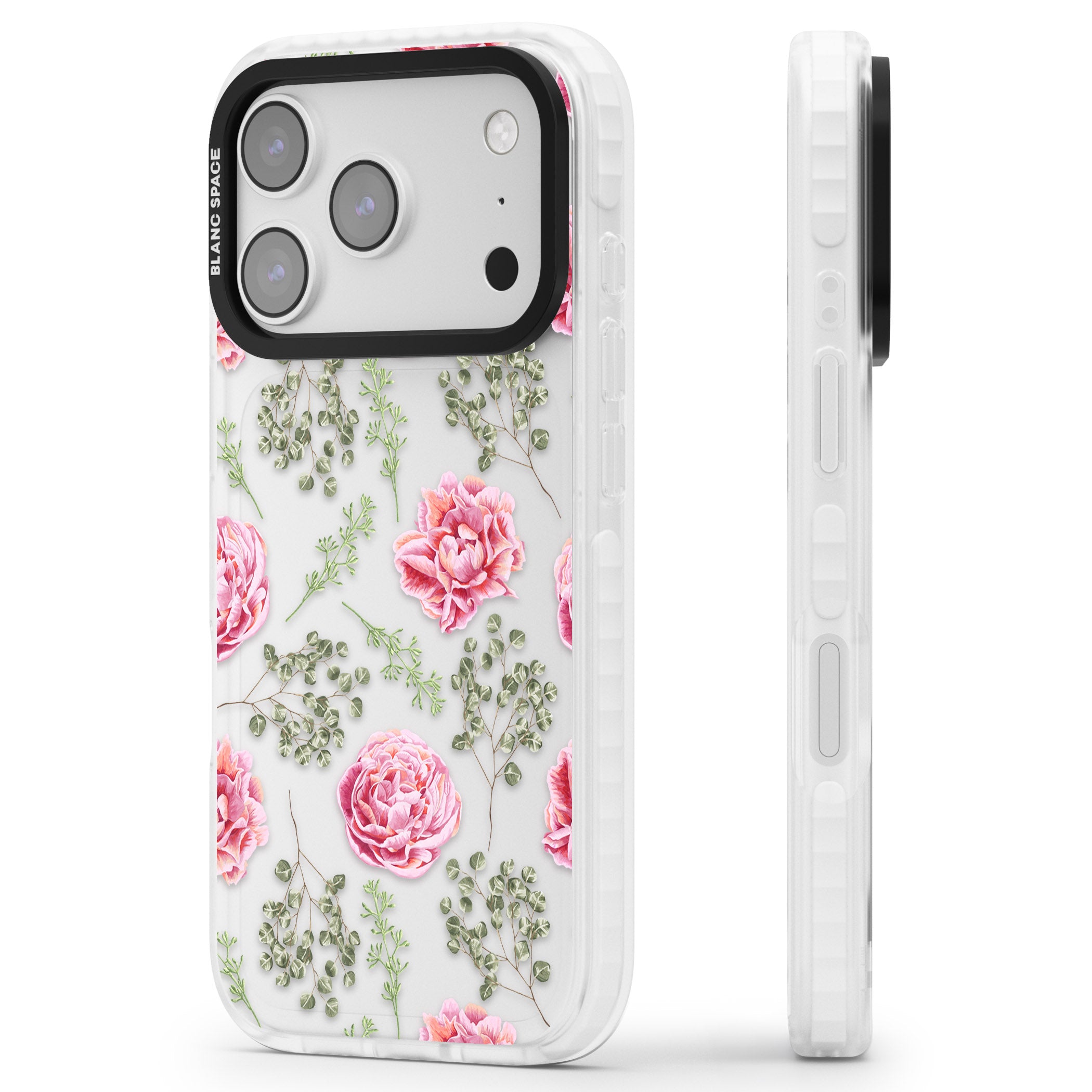 Roses & Eucalyptus Floral iPhone 17 Pro Impact Clear Phone Case Side Profile