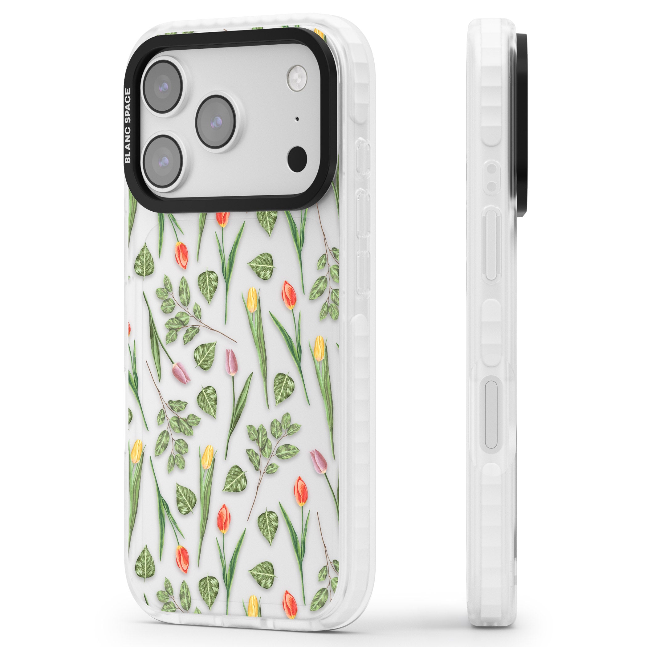 Spring Tulips Floral iPhone 17 Pro Impact Clear Phone Case Side Profile