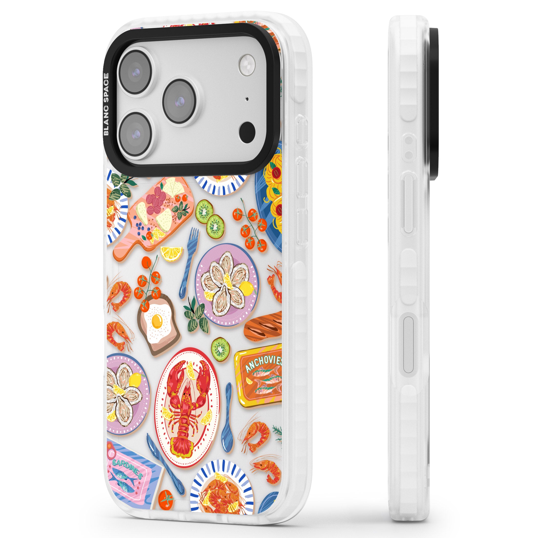 Seafood Pattern iPhone 17 Pro Impact Clear Phone Case Side Profile