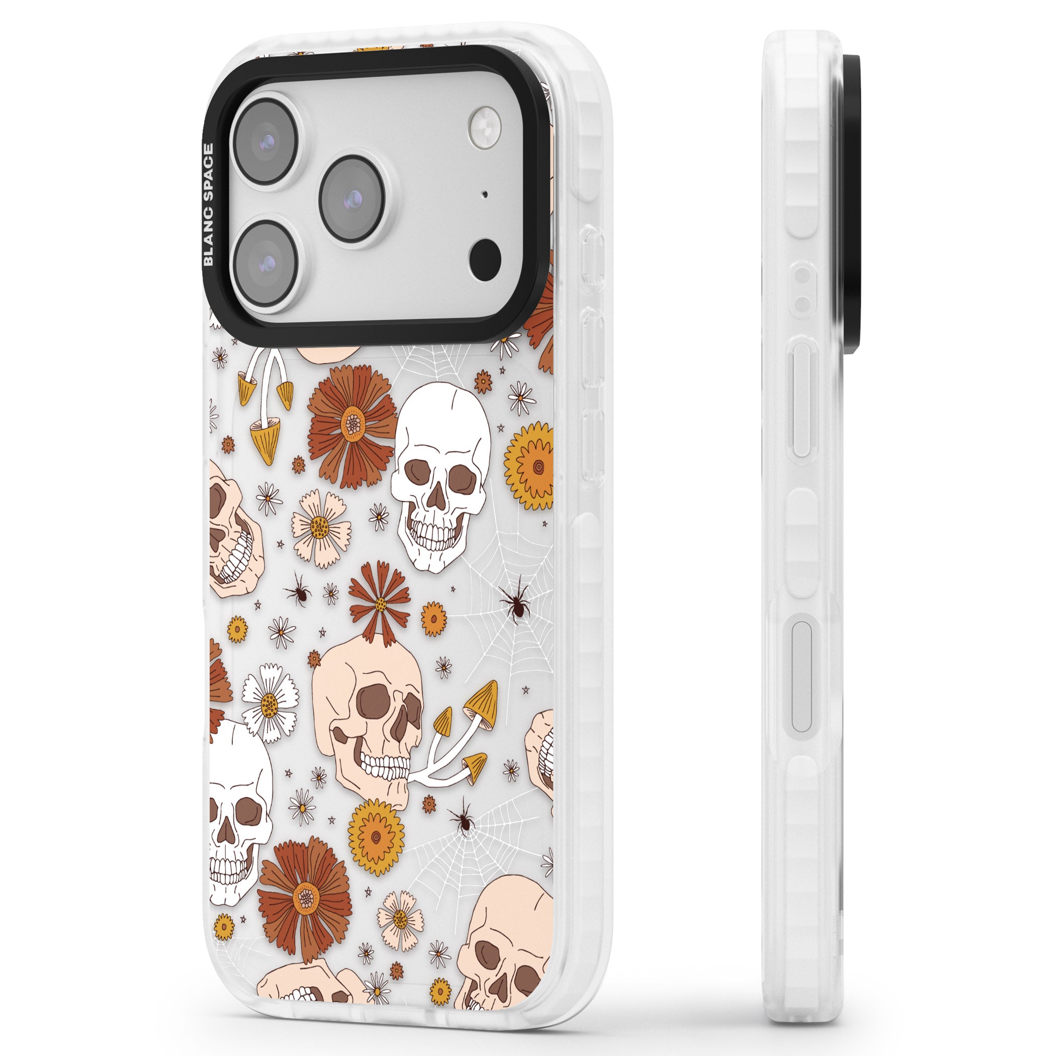 Halloween Skulls And Flowers iPhone 17 Pro Impact Clear Phone Case Side Profile