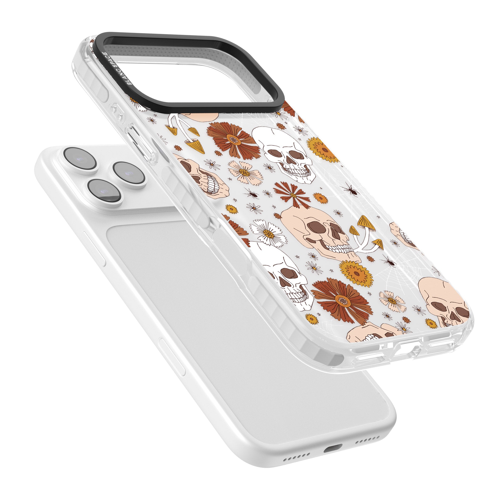 Halloween Skulls And Flowers iPhone 17 Pro Impact Clear Phone Case Colours