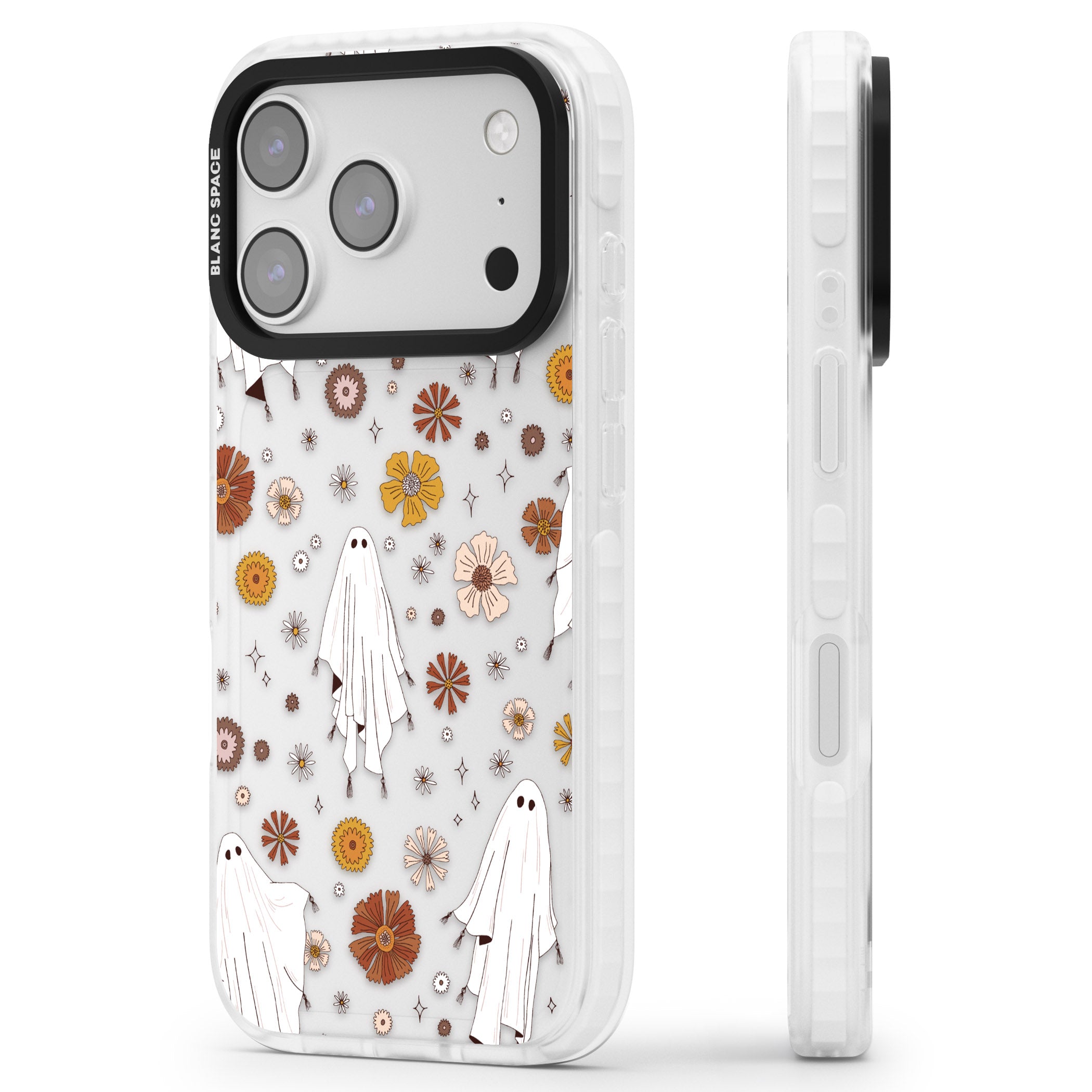 Halloween Ghosts And Flowers iPhone 17 Pro Impact Clear Phone Case Side Profile
