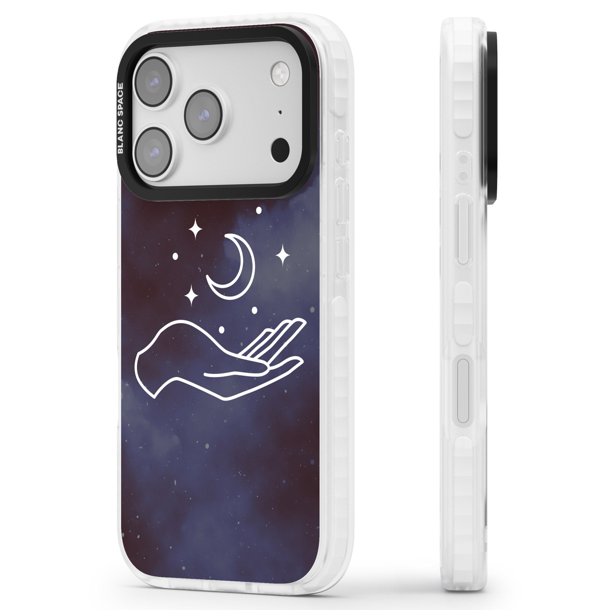 Celestial Hand & Moon iPhone 17 Pro Impact Clear Phone Case Side Profile
