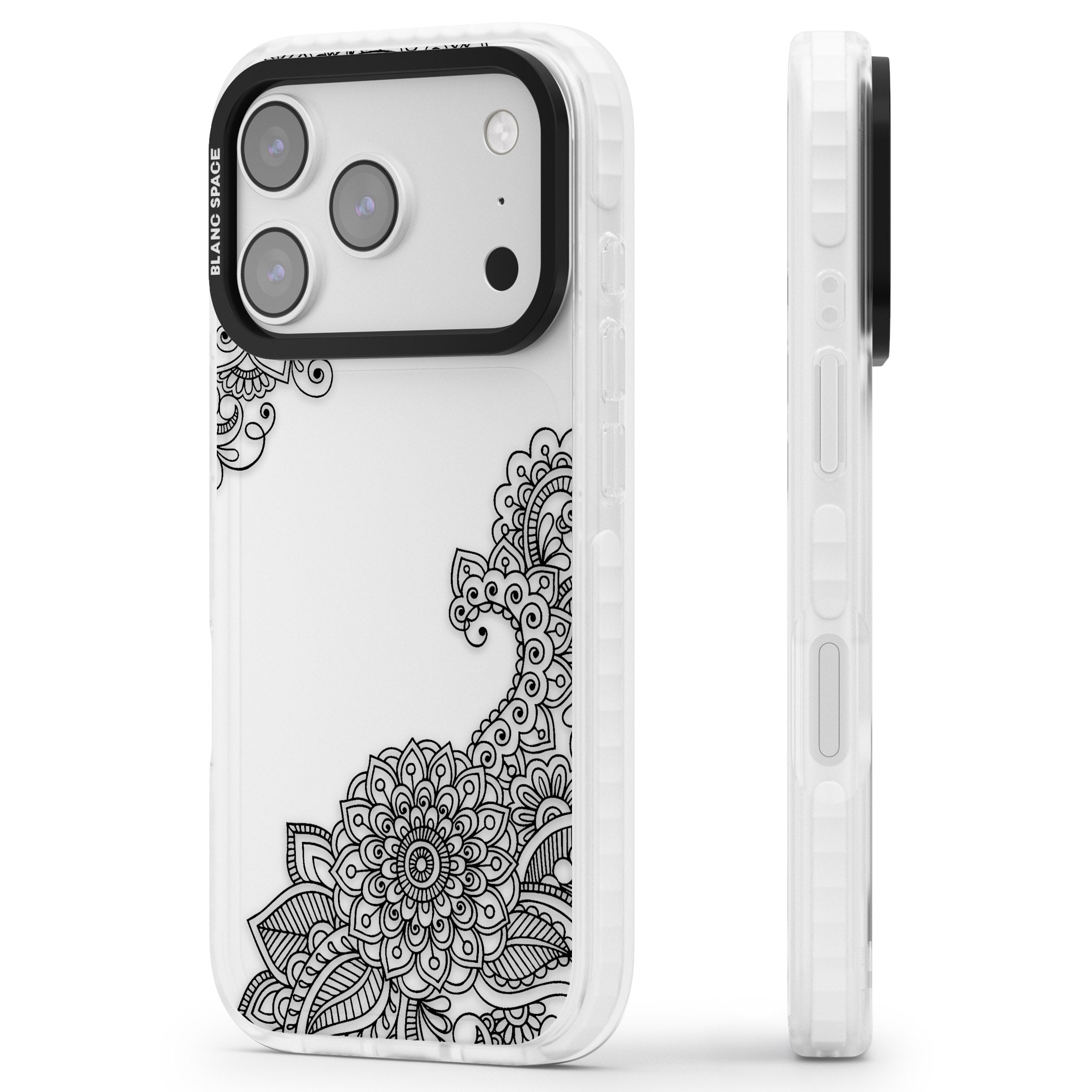 Black Henna Botanicals iPhone 17 Pro Impact Clear Phone Case Side Profile