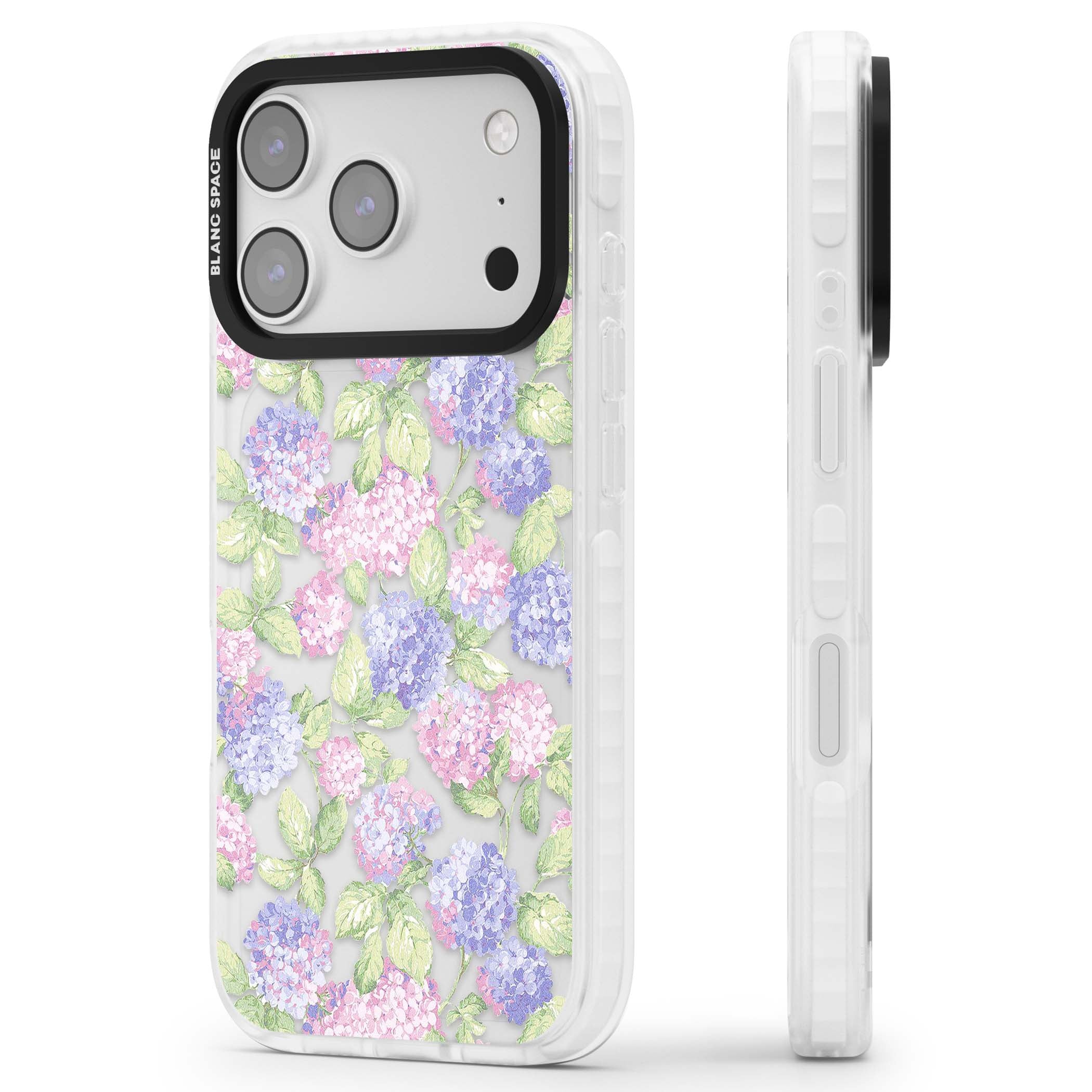 Cottage Hydrangea cottagecore iPhone case featuring pink and purple hydrangea blooms with green leaves on a clear background | Black Impact case for iPhone 17 Pro, iPhone 17 Pro Max