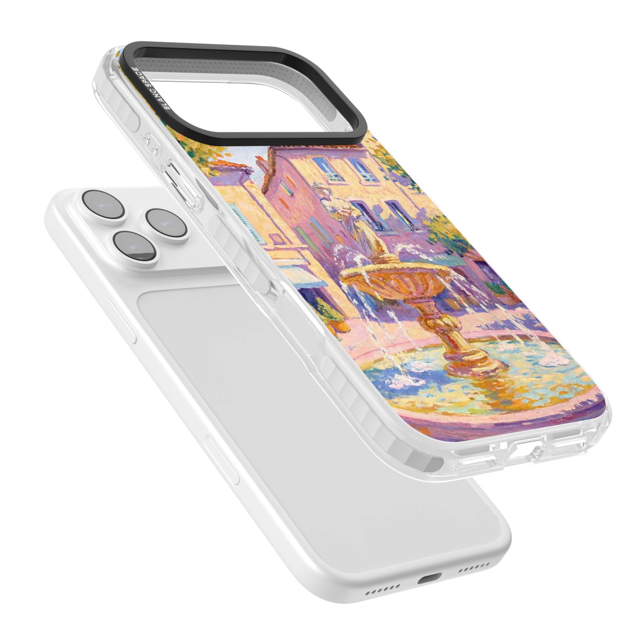 Fountain Square fine art iPhone case featuring an impressionist Provençal fountain, pastel village buildings and summe | Black Impact case for iPhone 17 Pro, iPhone 17 Pro Max