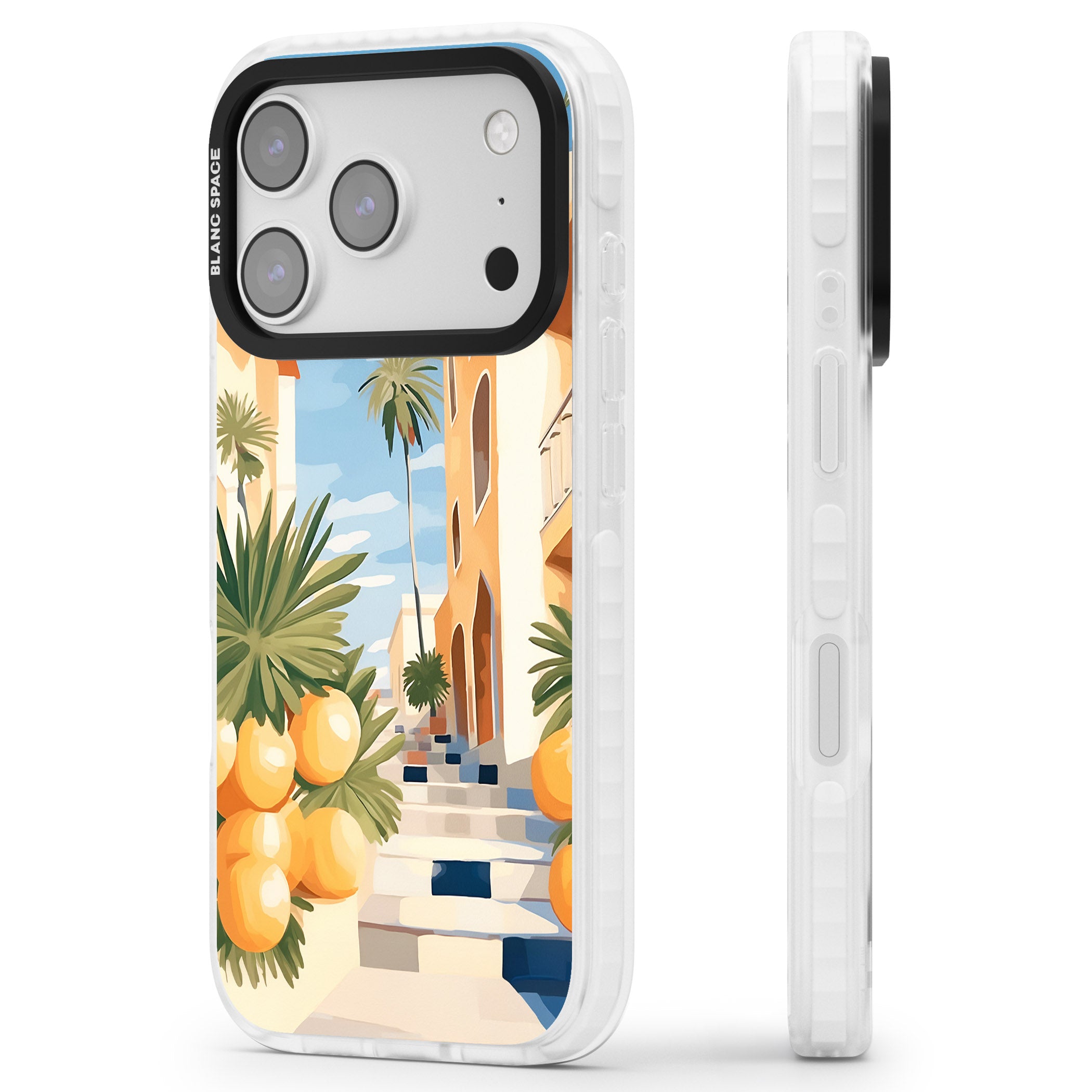Mediterranean Village iPhone 17 Pro Impact Clear Phone Case Side Profile