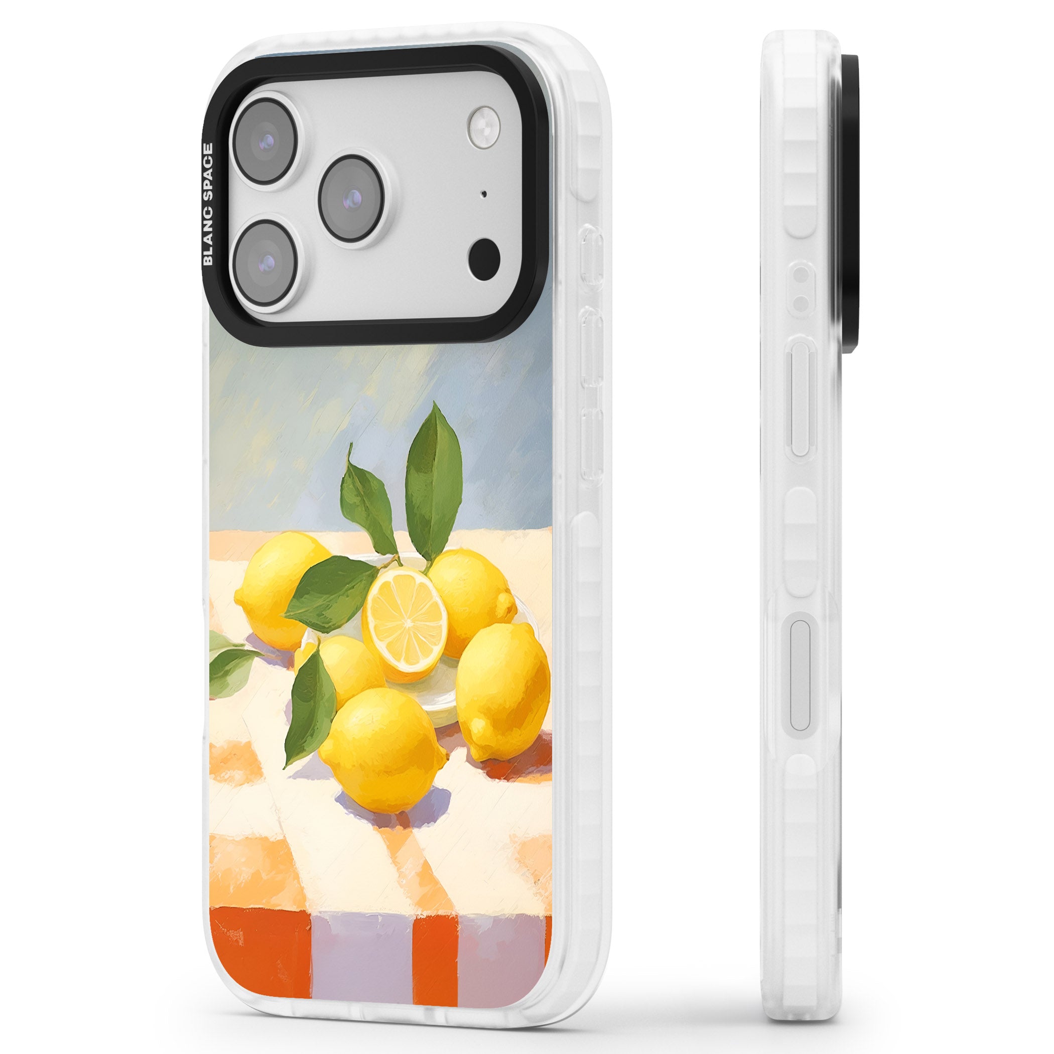 Lemons on Checkered Cloth iPhone 17 Pro Max Impact Clear Phone Case Side Profile