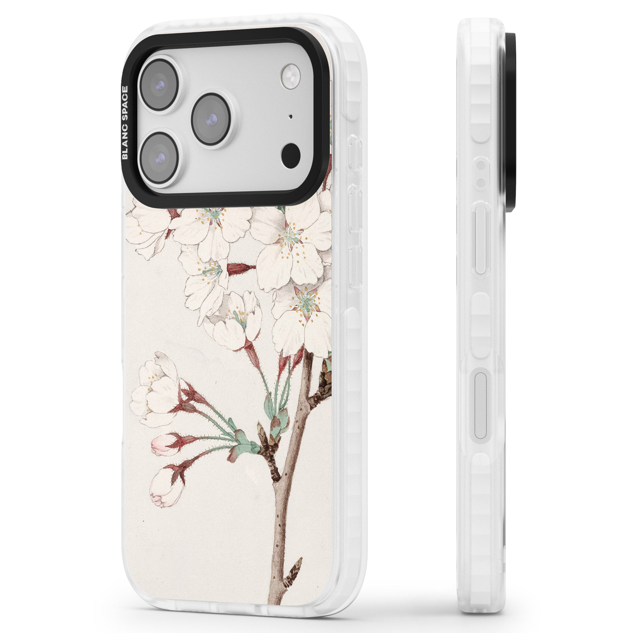 Vintage Japanese Illustrations Cherry Blossoms iPhone 17 Pro Impact Clear Phone Case Side Profile
