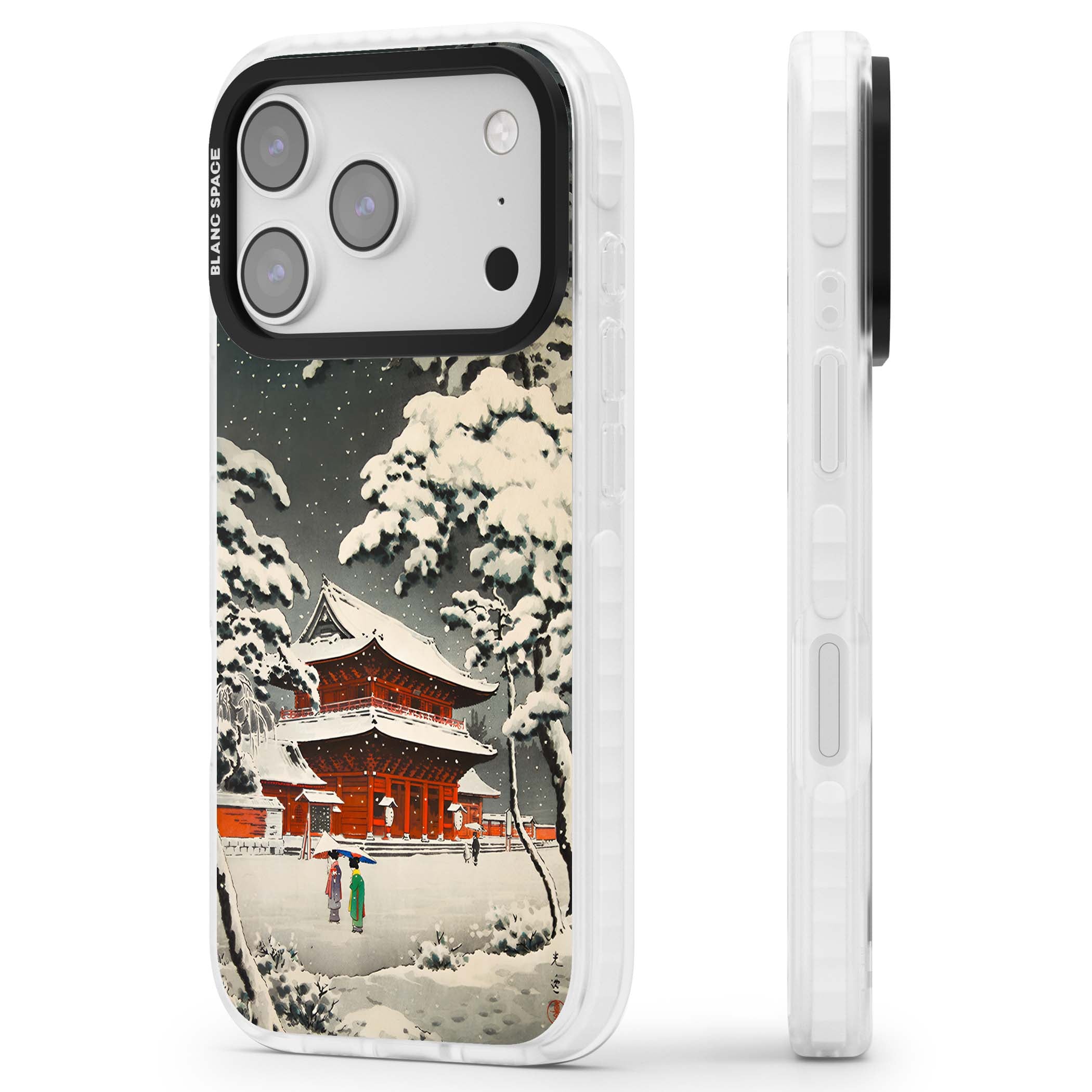 Snow at Shiha Park, Tokyo Japanese art iPhone case featuring a vintage ukiyo-e snowy temple, red pagoda, and snow-covered pin | Black Impact case for iPhone 17 Pro, iPhone 17 Pro Max