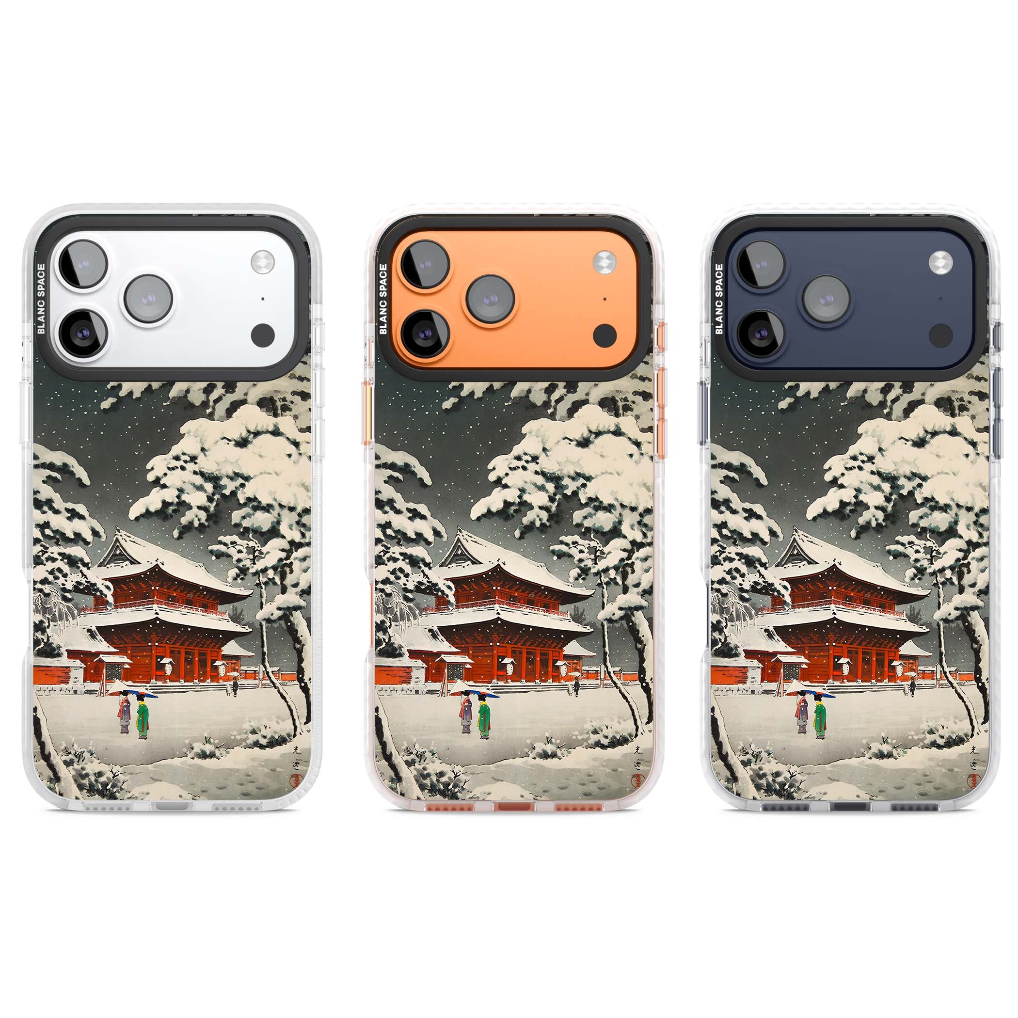 Snow at Shiha Park, Tokyo Japanese art iPhone case featuring a vintage ukiyo-e snowy temple, red pagoda, and snow-covered pin | Black Impact case for iPhone 17 Pro, iPhone 17 Pro Max