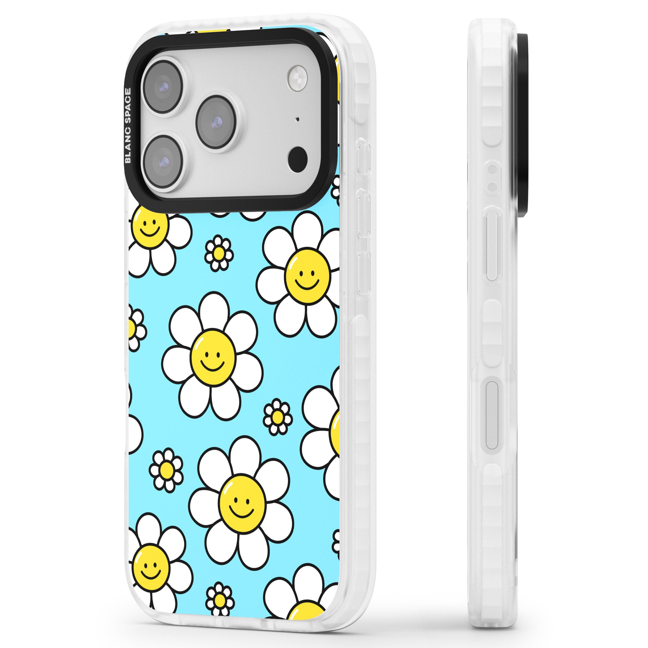 Daisy Faces Kawaii Pattern iPhone 17 Pro Impact Clear Phone Case Side Profile