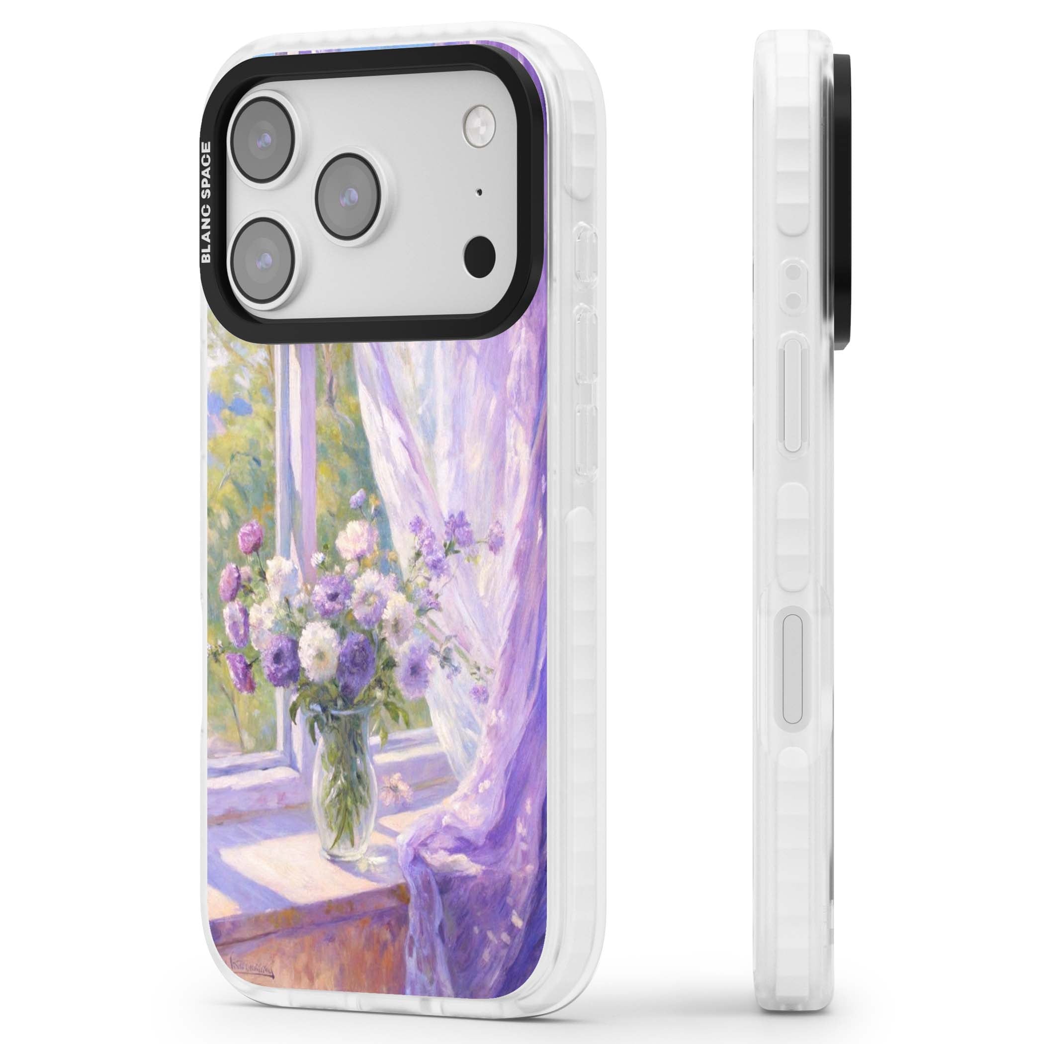 A Provence Morning impressionist art iPhone case featuring a vase of purple flowers, sunlit window and sheer curt | Black Impact case for iPhone 17 Pro, iPhone 17 Pro Max