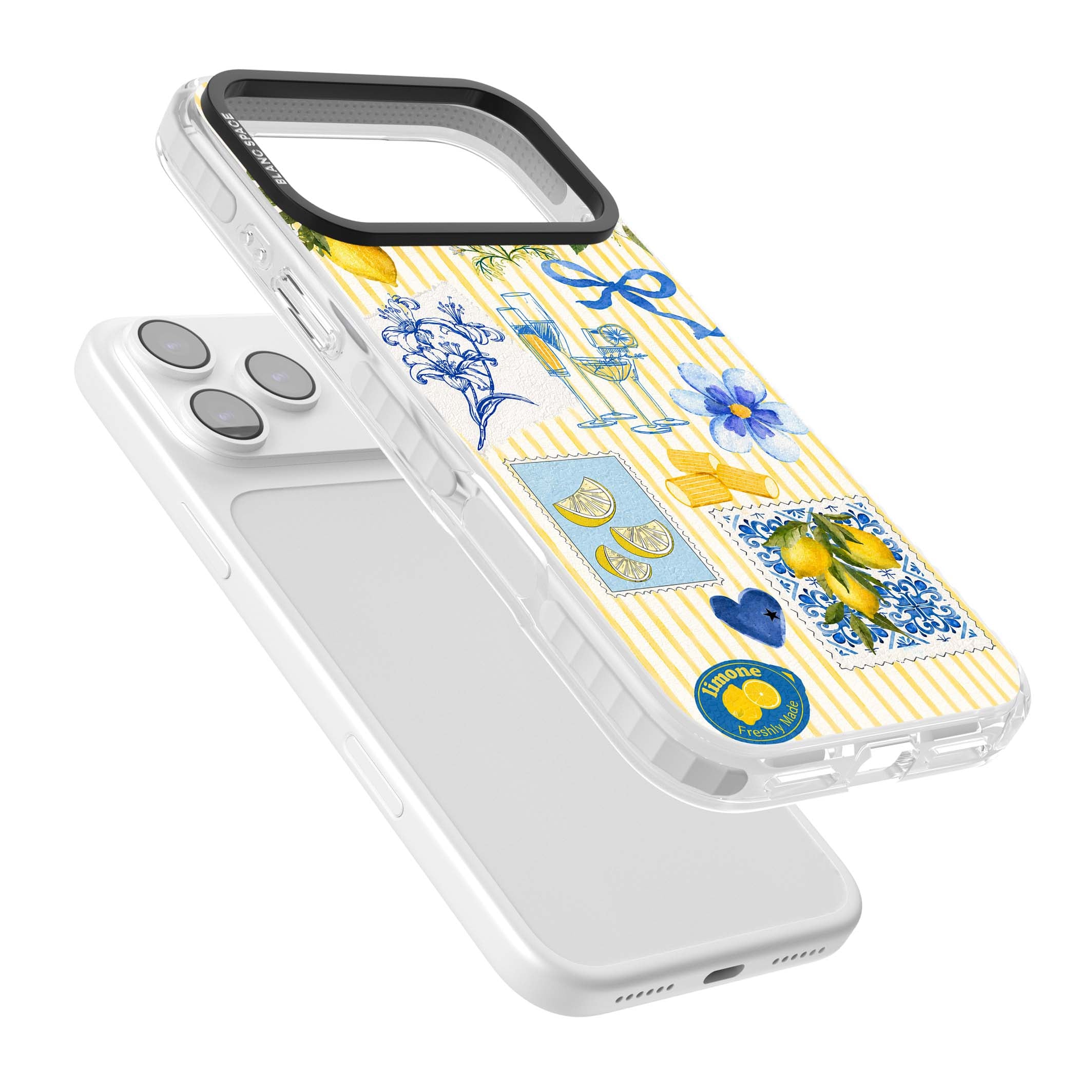 Limone Riviera Italian summer iPhone case featuring watercolour lemons, blue ribbon bows and majolica tile stamps on... | Black Impact case for iPhone 17 Pro, iPhone 17 Pro Max