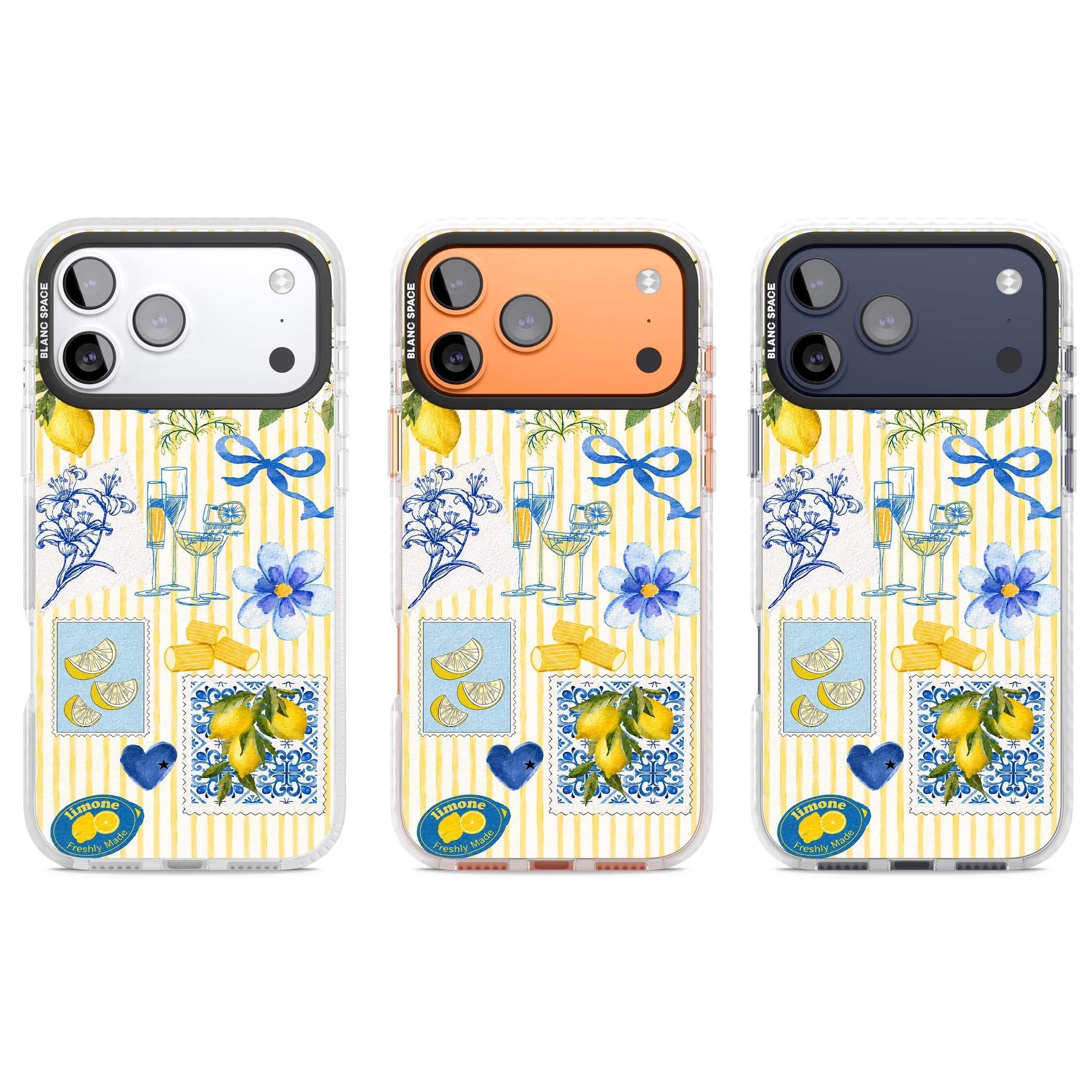 Limone Riviera Italian summer iPhone case featuring watercolour lemons, blue ribbon bows and majolica tile stamps on... | Black Impact case for iPhone 17 Pro, iPhone 17 Pro Max