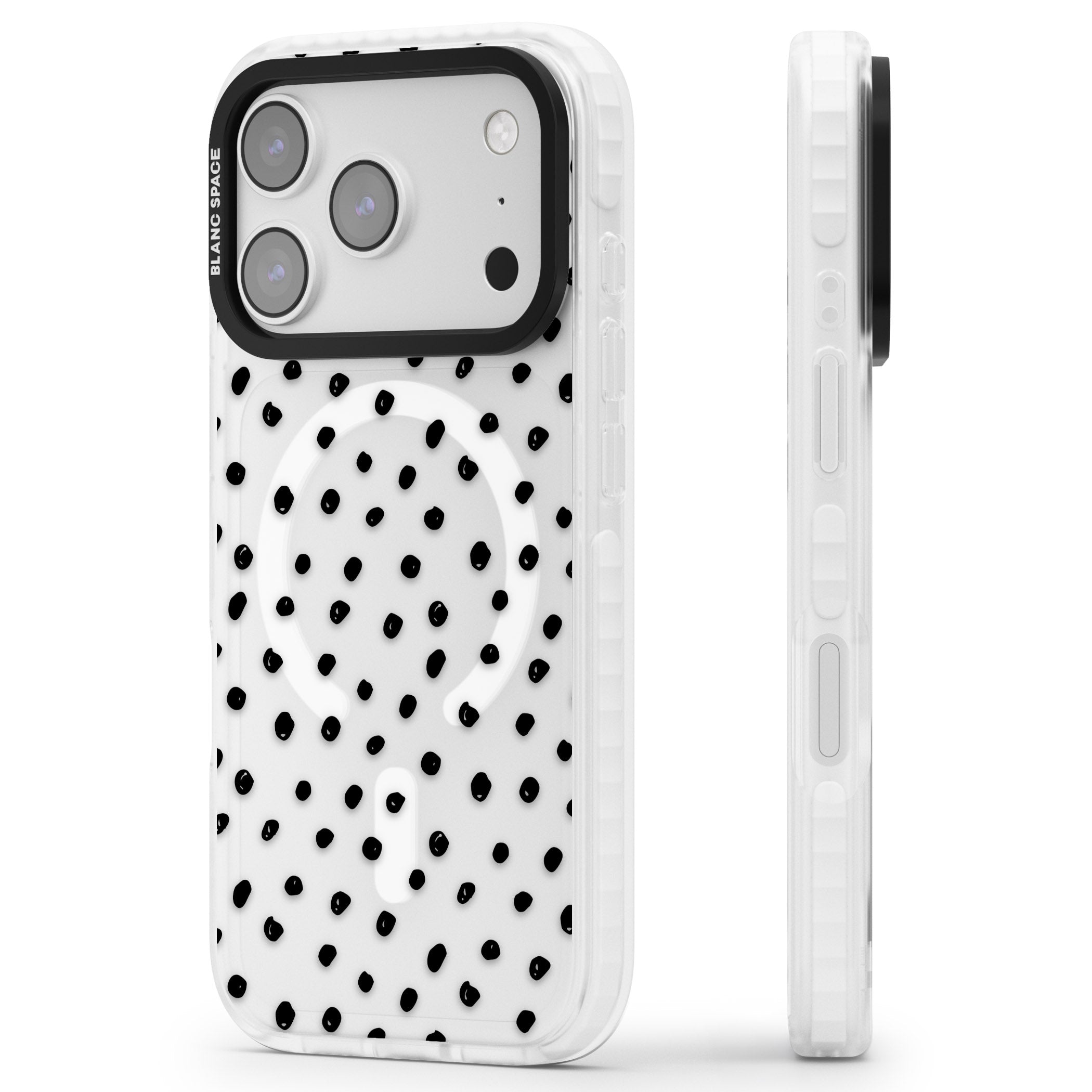 Messy Black Dot Pattern iPhone 17 Pro Max Impact Pro Clear Phone Case Side Profile