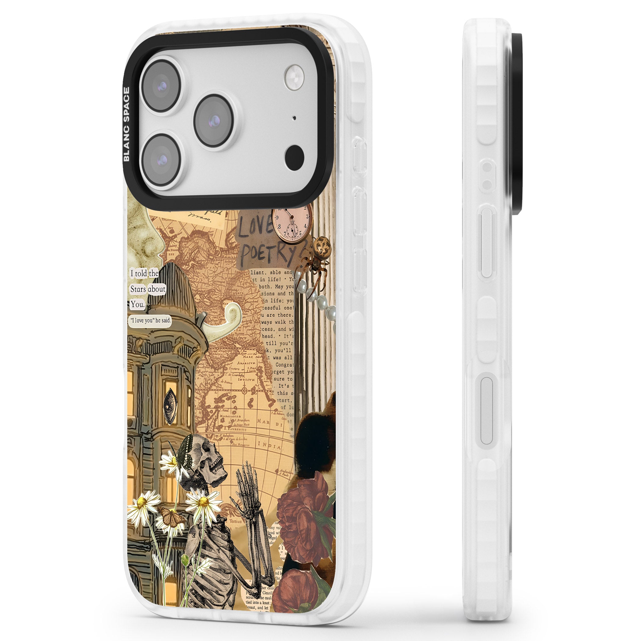 Skeleton Poetry iPhone 17 Pro Impact Pro Clear Phone Case Side Profile