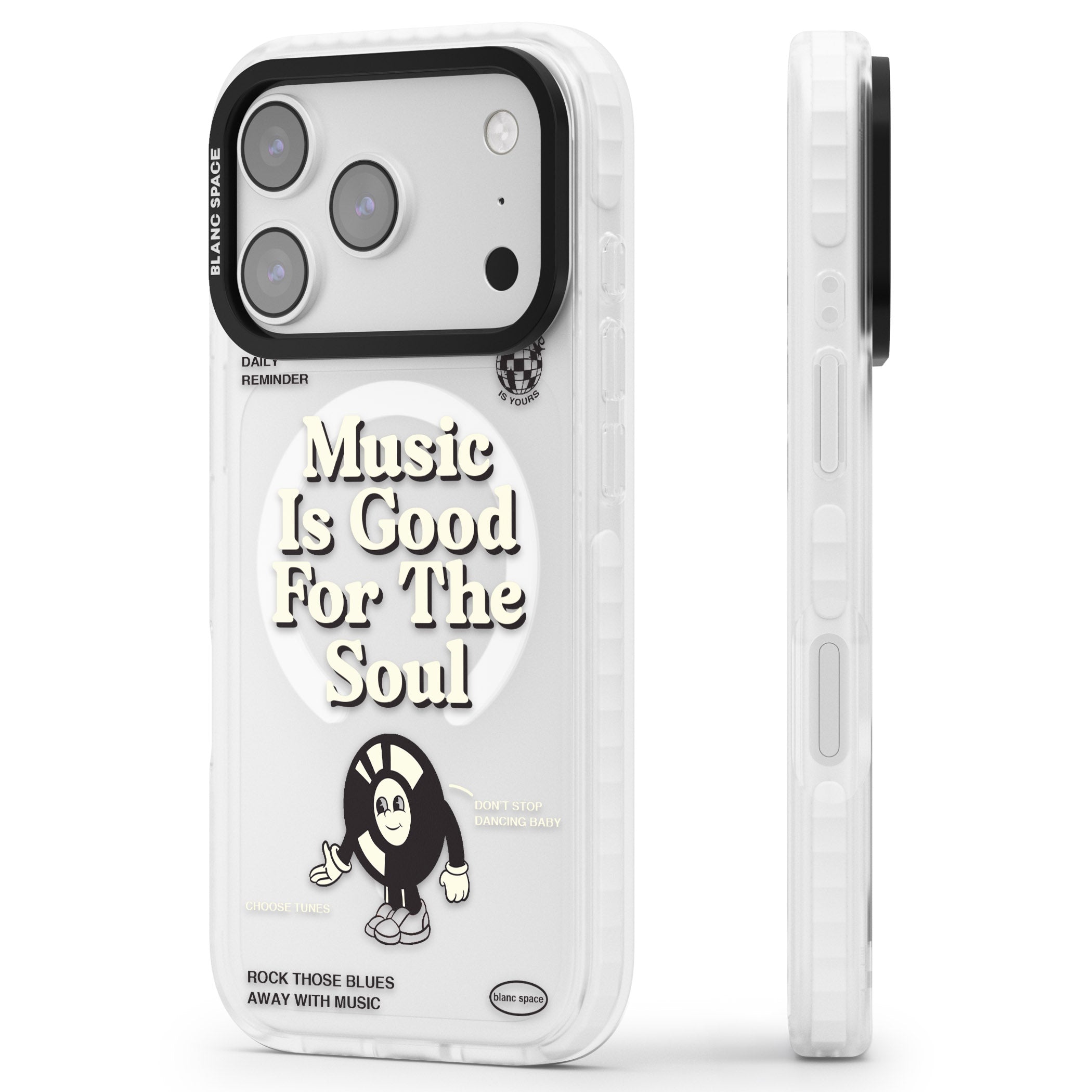 Music Is Good For The Soul iPhone 17 Pro Impact Pro Clear Phone Case Side Profile
