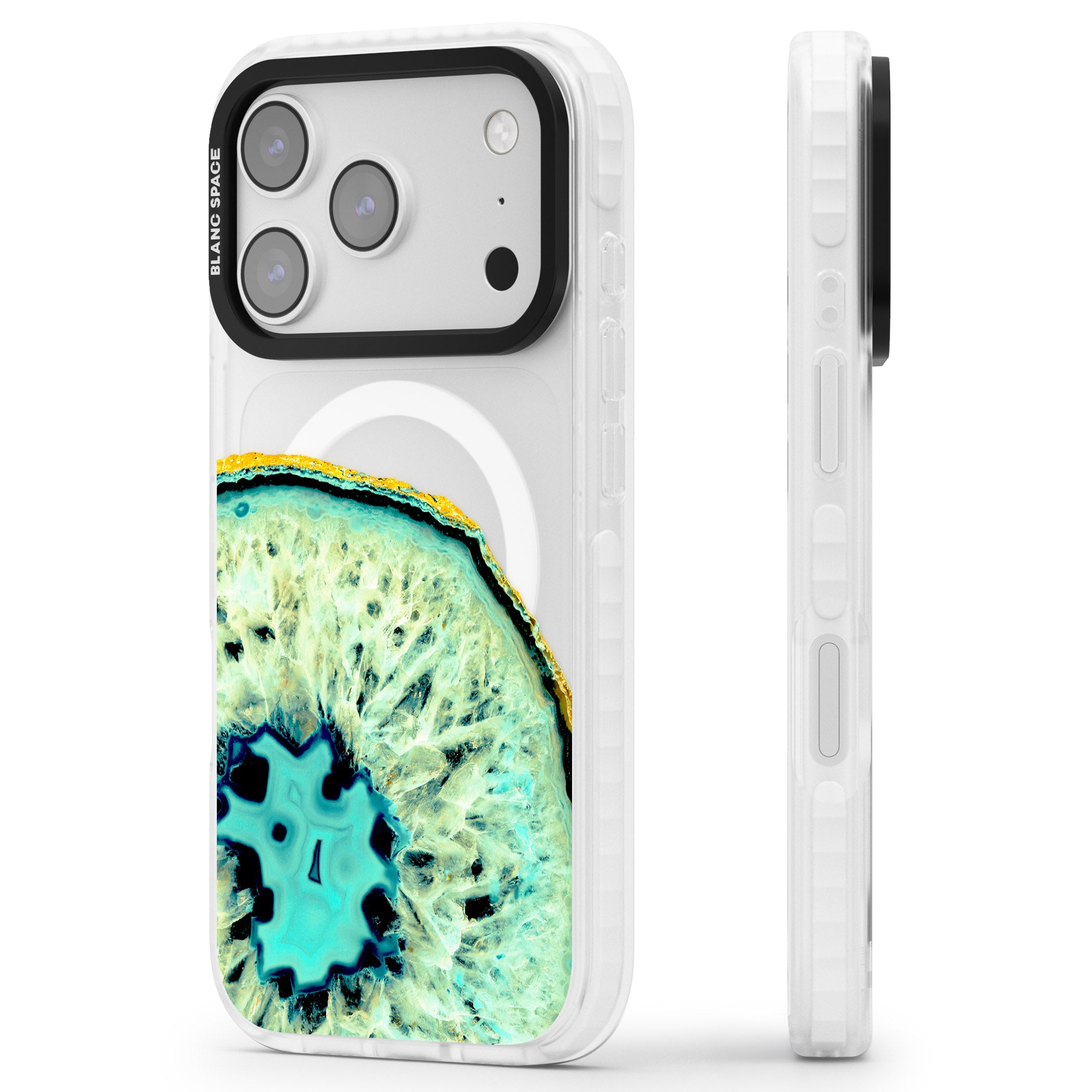 Turquoise Geode Crystal iPhone 17 Pro Max Impact Pro Clear Phone Case Side Profile