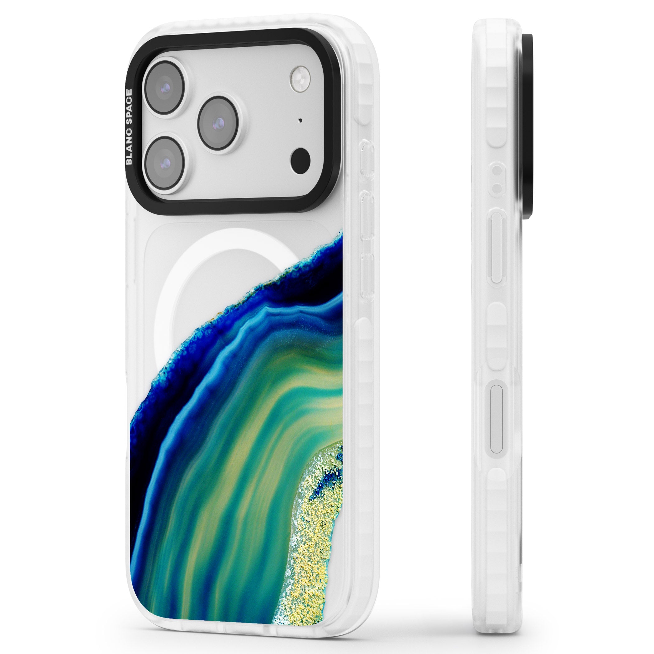 Green & Blue Emerald Geode iPhone 17 Pro Max Impact Pro Clear Phone Case Side Profile