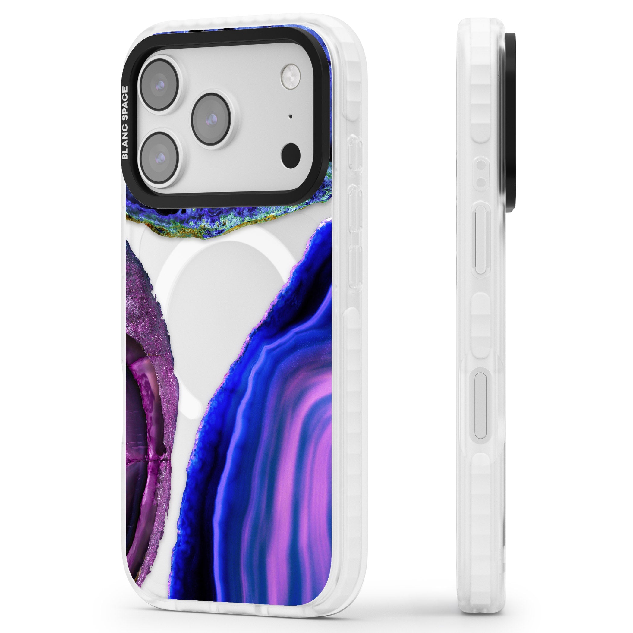 Violet Agate Slice iPhone 17 Pro Impact Pro Clear Phone Case Side Profile