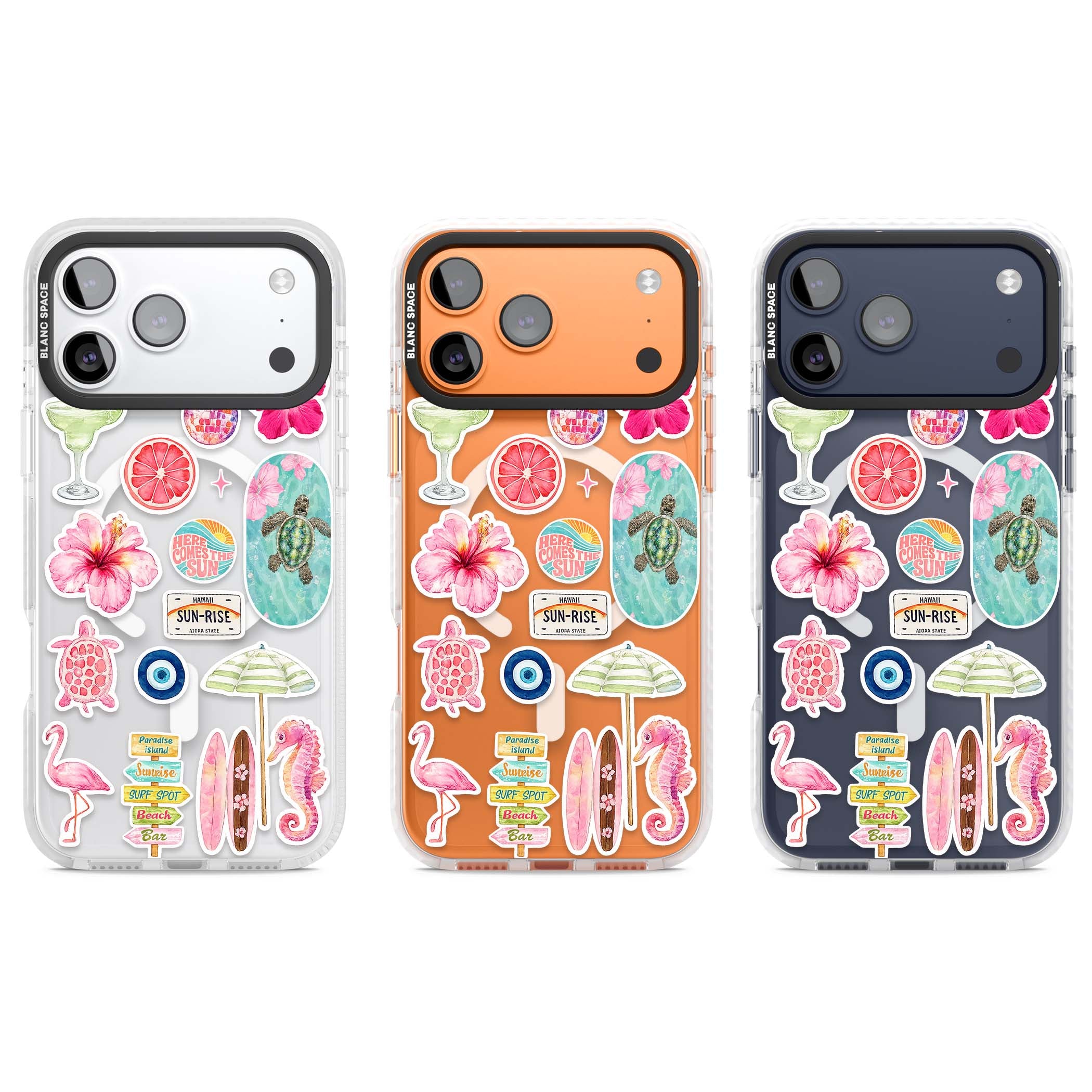 Aloha Sticker Mix tropical summer iPhone case featuring pink hibiscus, sea turtles, flamingo and beach umbrella stickers | Impact Magsafe case for iPhone 17 Pro, iPhone 17 Pro Max