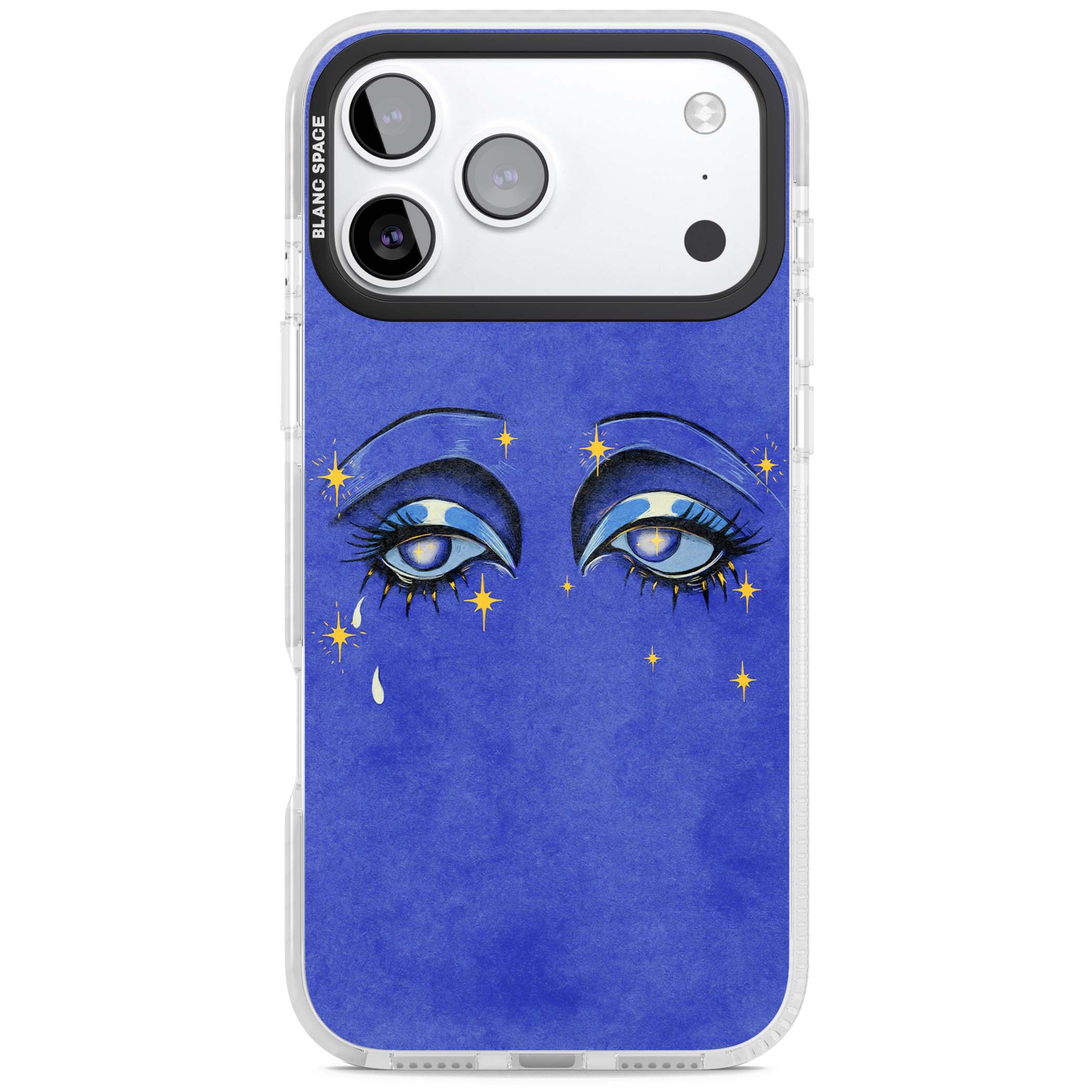 Blue Mystic Eyes celestial iPhone case featuring hand drawn blue mystical eyes, golden stars and a painted tear on indigo | Impact Magsafe case for iPhone 17 Pro, iPhone 17 Pro Max