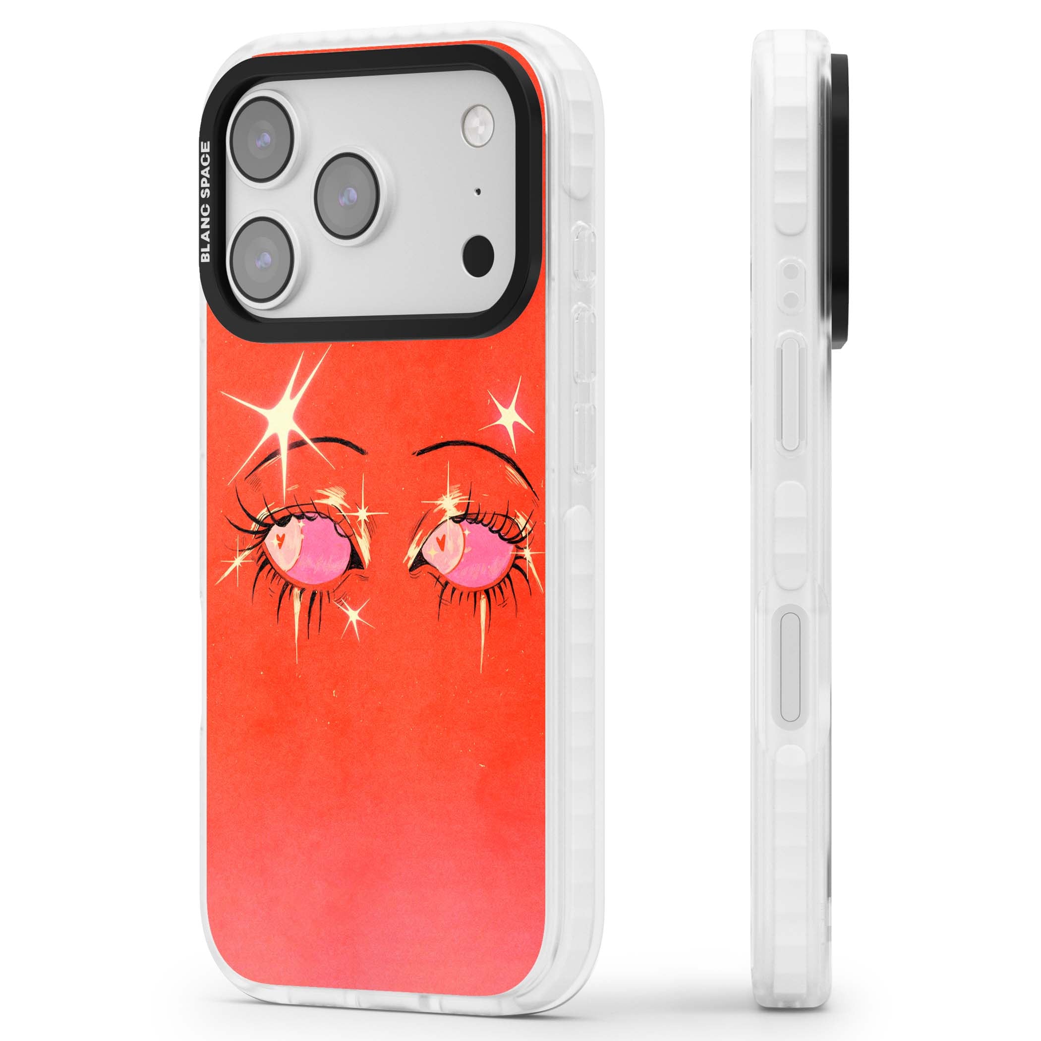 Pink Ethereal Eyes anime iPhone case featuring hand-drawn sparkly eyes with pink hearts and gold stars on red | Impact Magsafe case for iPhone 17 Pro, iPhone 17 Pro Max