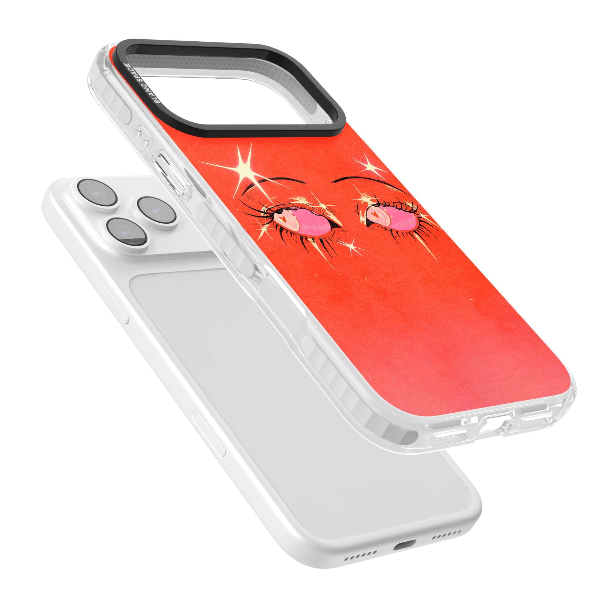 Pink Ethereal Eyes anime iPhone case featuring hand-drawn sparkly eyes with pink hearts and gold stars on red | Impact Magsafe case for iPhone 17 Pro, iPhone 17 Pro Max