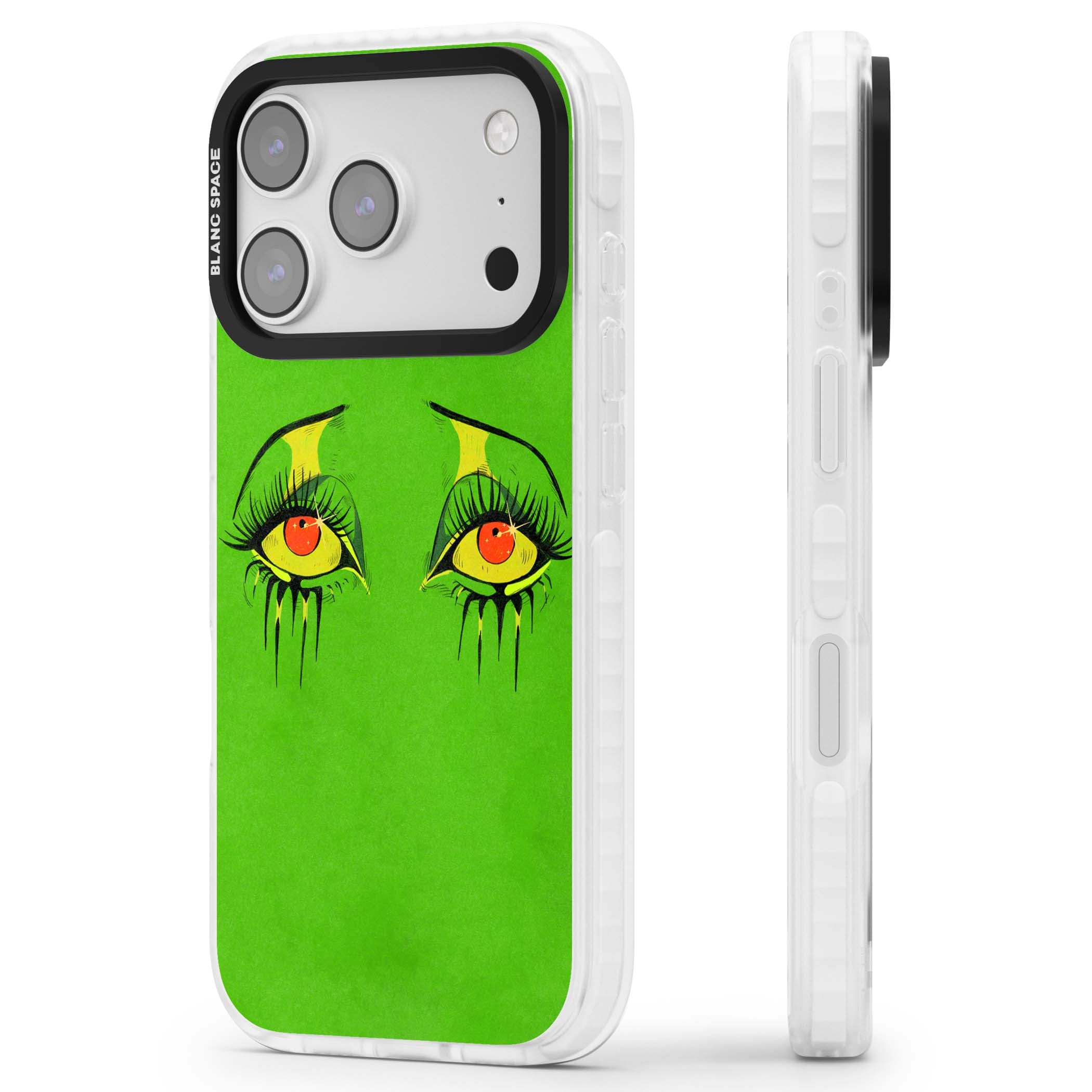 Green Enchanted Eyes psychedelic art iPhone case featuring hand-drawn dripping eyes on neon green background | Impact Magsafe case for iPhone 17 Pro, iPhone 17 Pro Max
