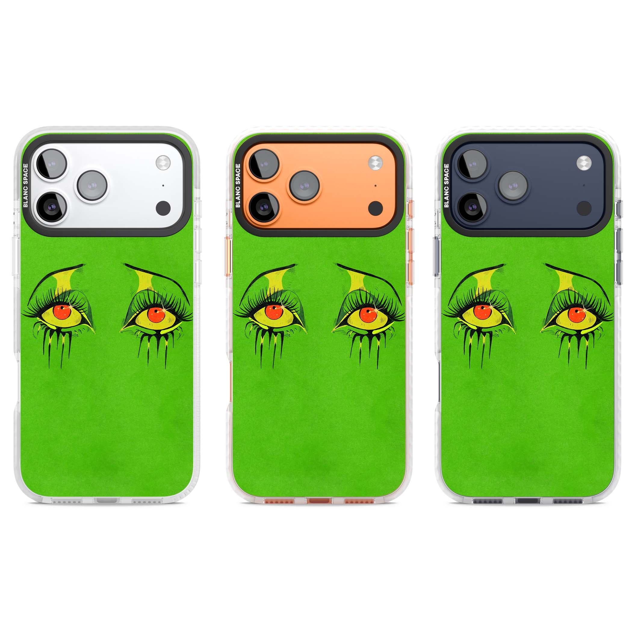 Green Enchanted Eyes psychedelic art iPhone case featuring hand-drawn dripping eyes on neon green background | Impact Magsafe case for iPhone 17 Pro, iPhone 17 Pro Max
