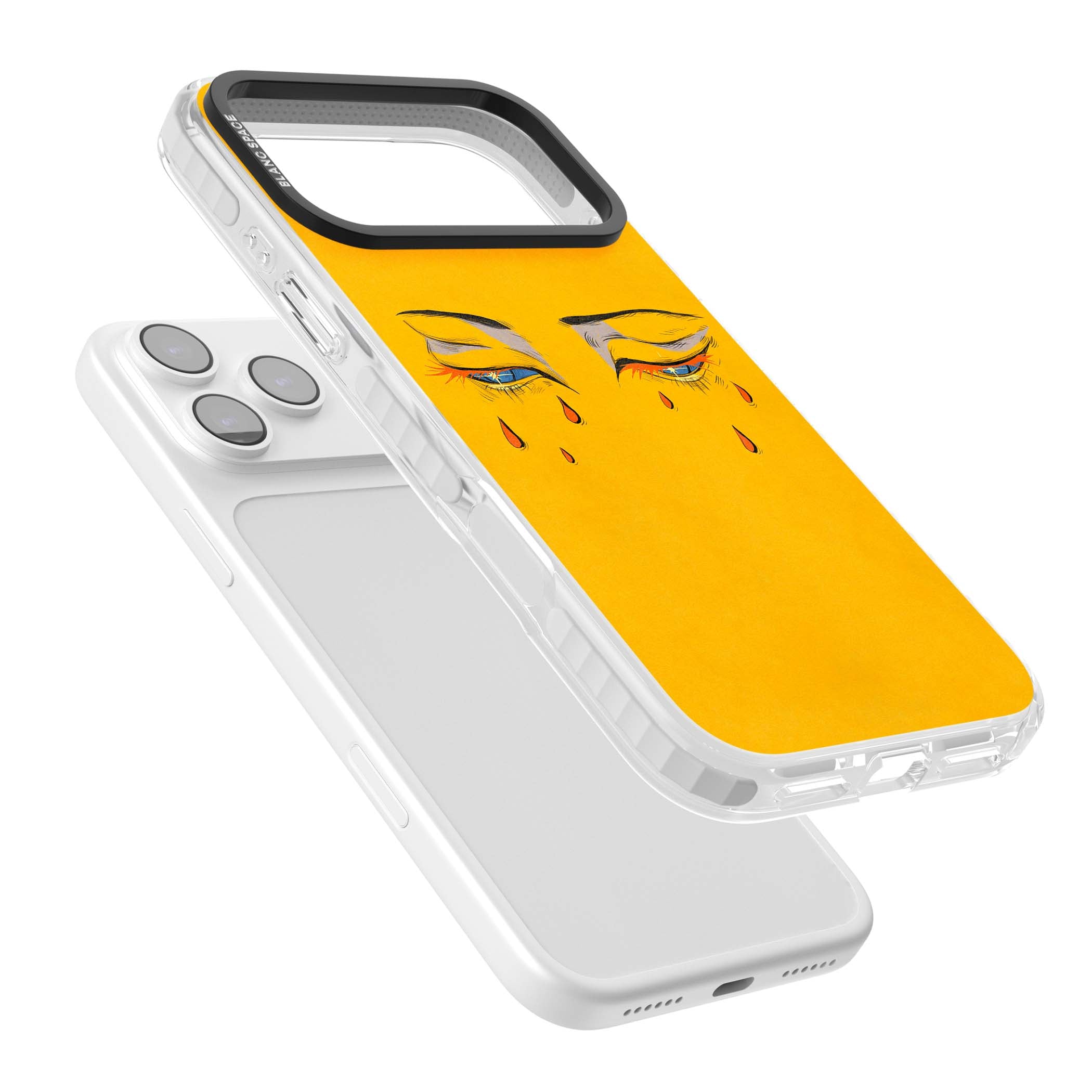 Yellow Tearful Eyes indie iPhone case featuring hand-drawn crying eyes with orange tears on a yellow background | Impact Magsafe case for iPhone 17 Pro, iPhone 17 Pro Max