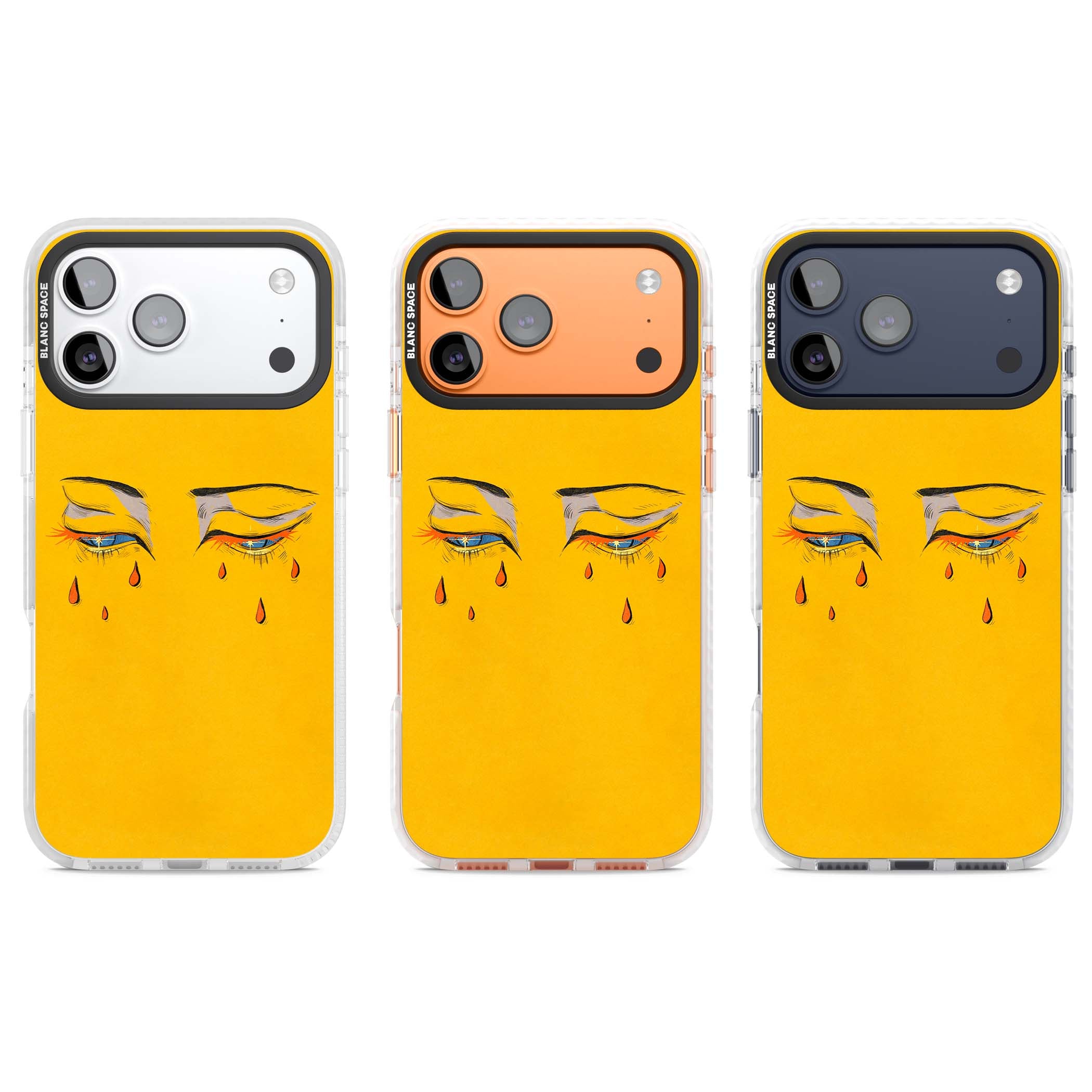Yellow Tearful Eyes indie iPhone case featuring hand-drawn crying eyes with orange tears on a yellow background | Impact Magsafe case for iPhone 17 Pro, iPhone 17 Pro Max