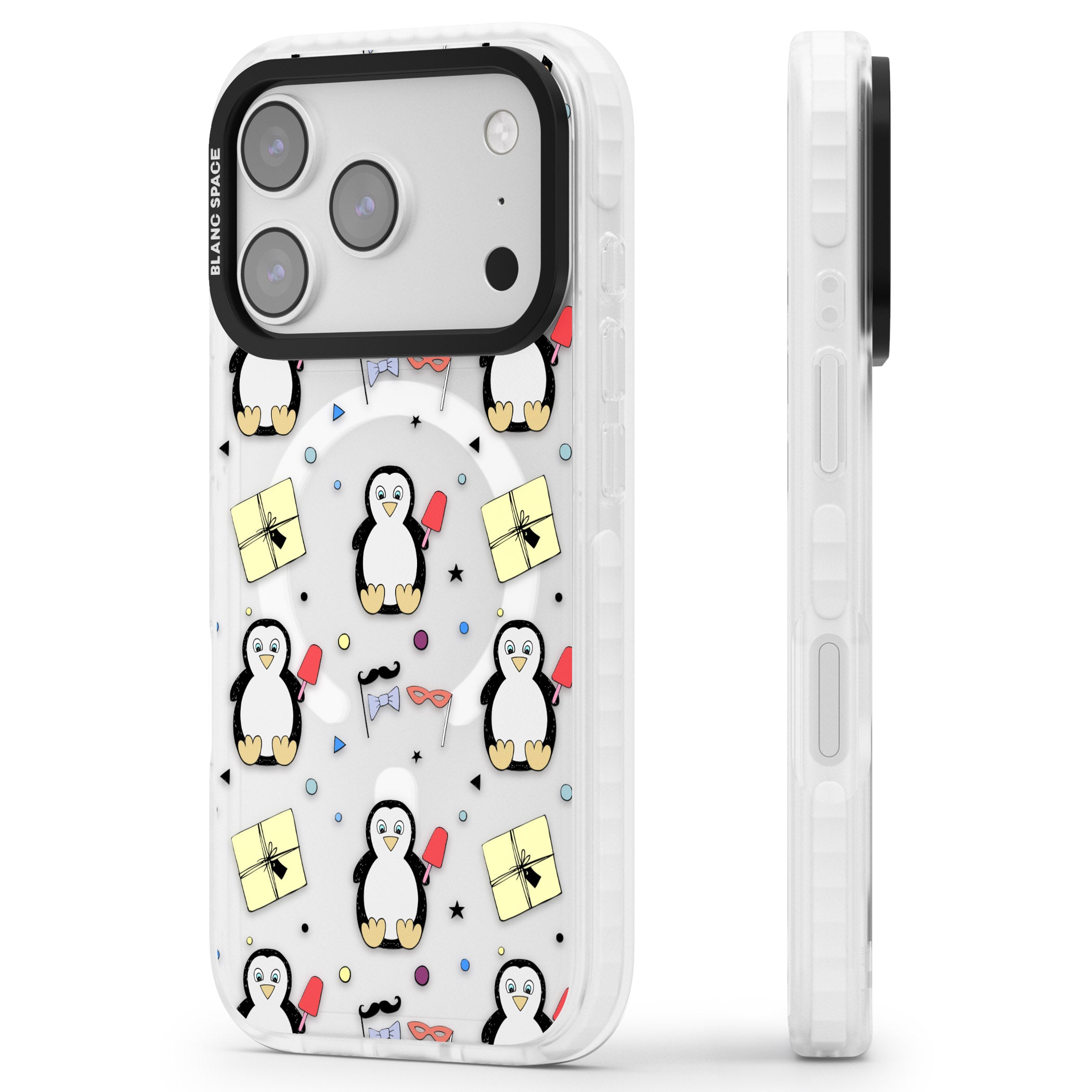 Cute Penguin Pattern Clear iPhone 17 Pro Max Impact Pro Clear Phone Case Side Profile