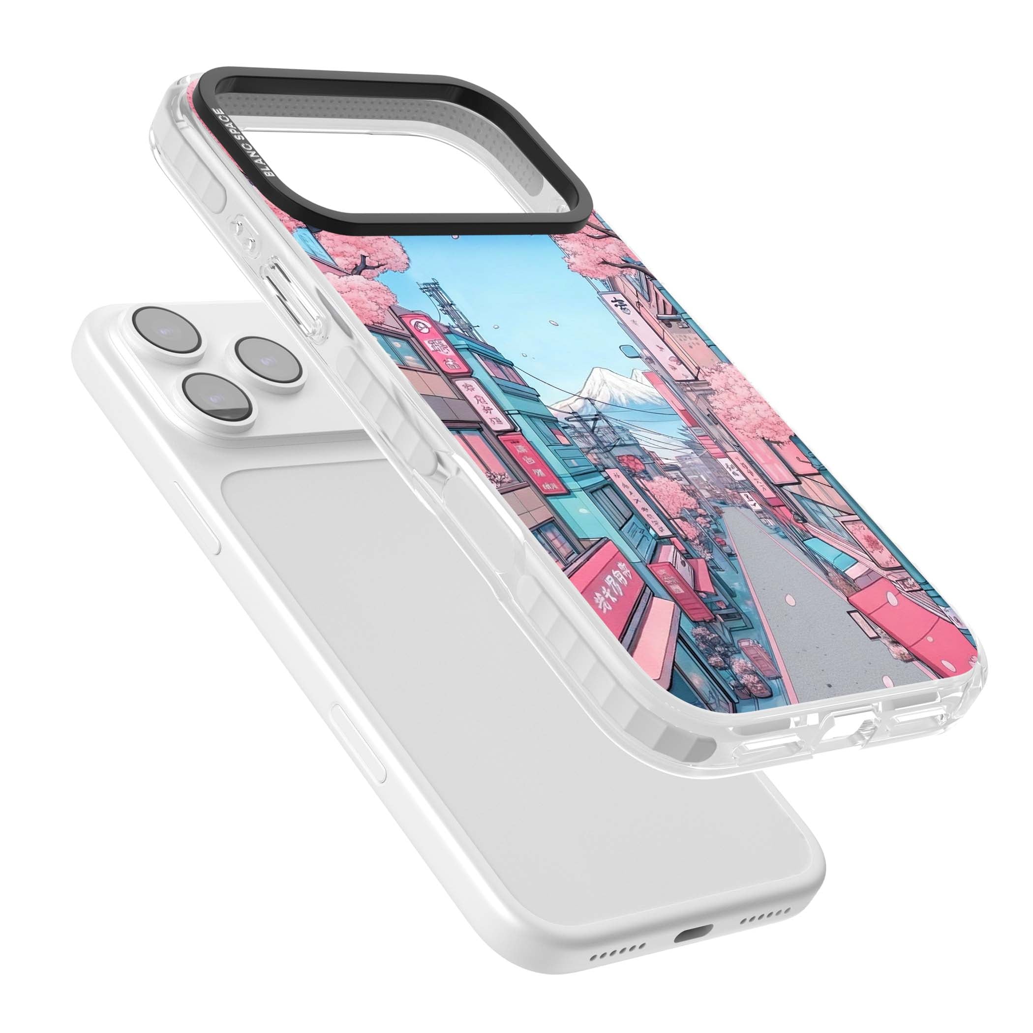 Sakura Lane anime iPhone case featuring Tokyo street scene with cherry blossoms and Mount Fuji | Impact Magsafe case for iPhone 17 Pro, iPhone 17 Pro Max