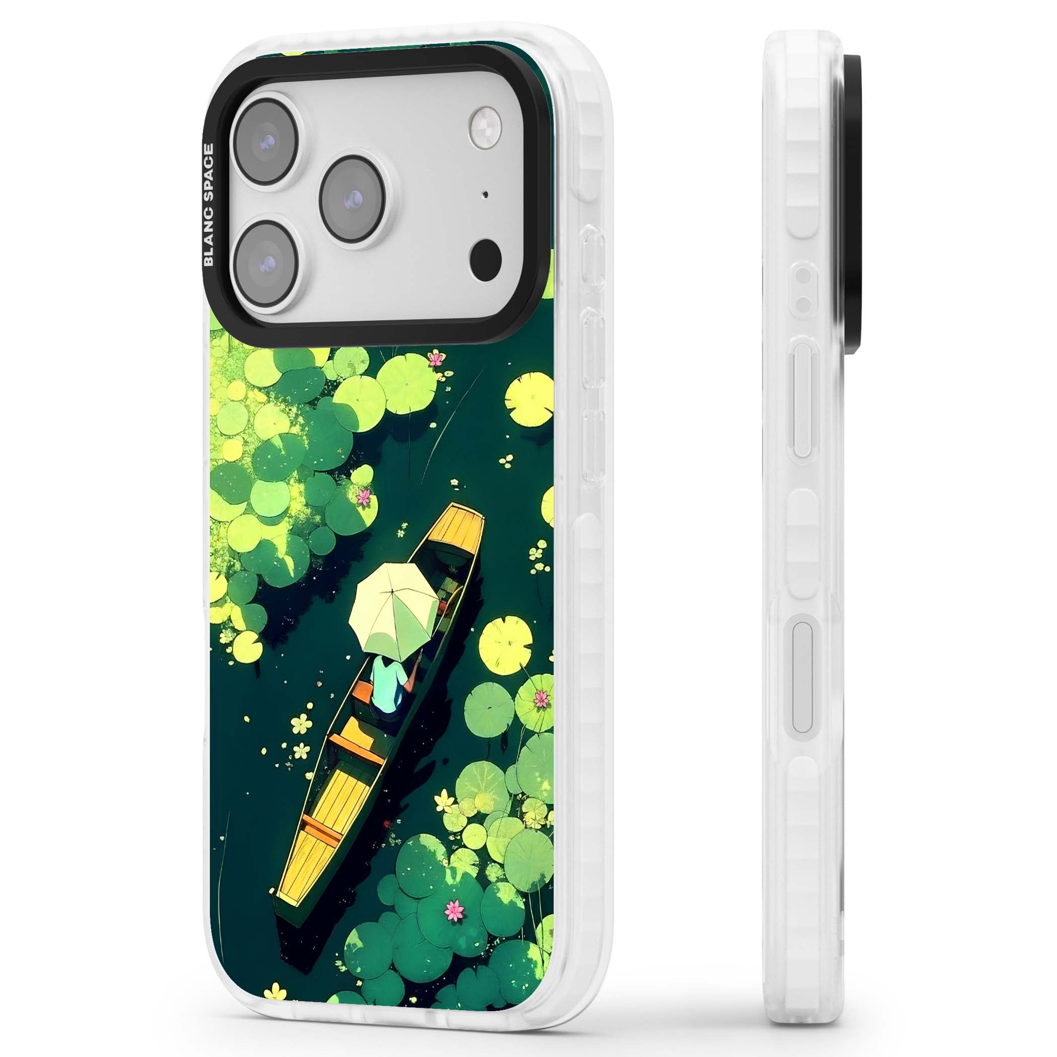 Jade Waters cottagecore iPhone case featuring a painted lily pond, wooden boat with parasol and floating water lilies | Impact Magsafe case for iPhone 17 Pro, iPhone 17 Pro Max