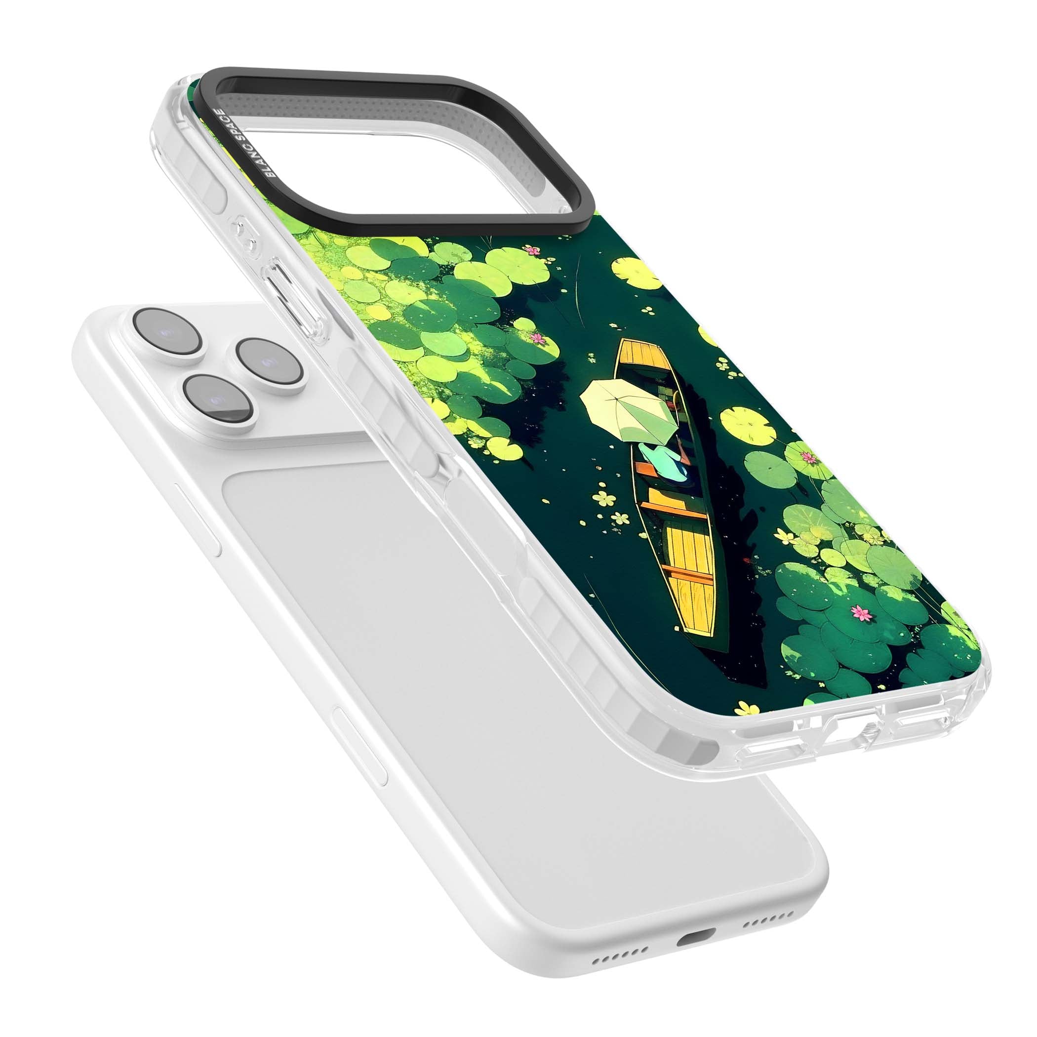 Jade Waters cottagecore iPhone case featuring a painted lily pond, wooden boat with parasol and floating water lilies | Impact Magsafe case for iPhone 17 Pro, iPhone 17 Pro Max