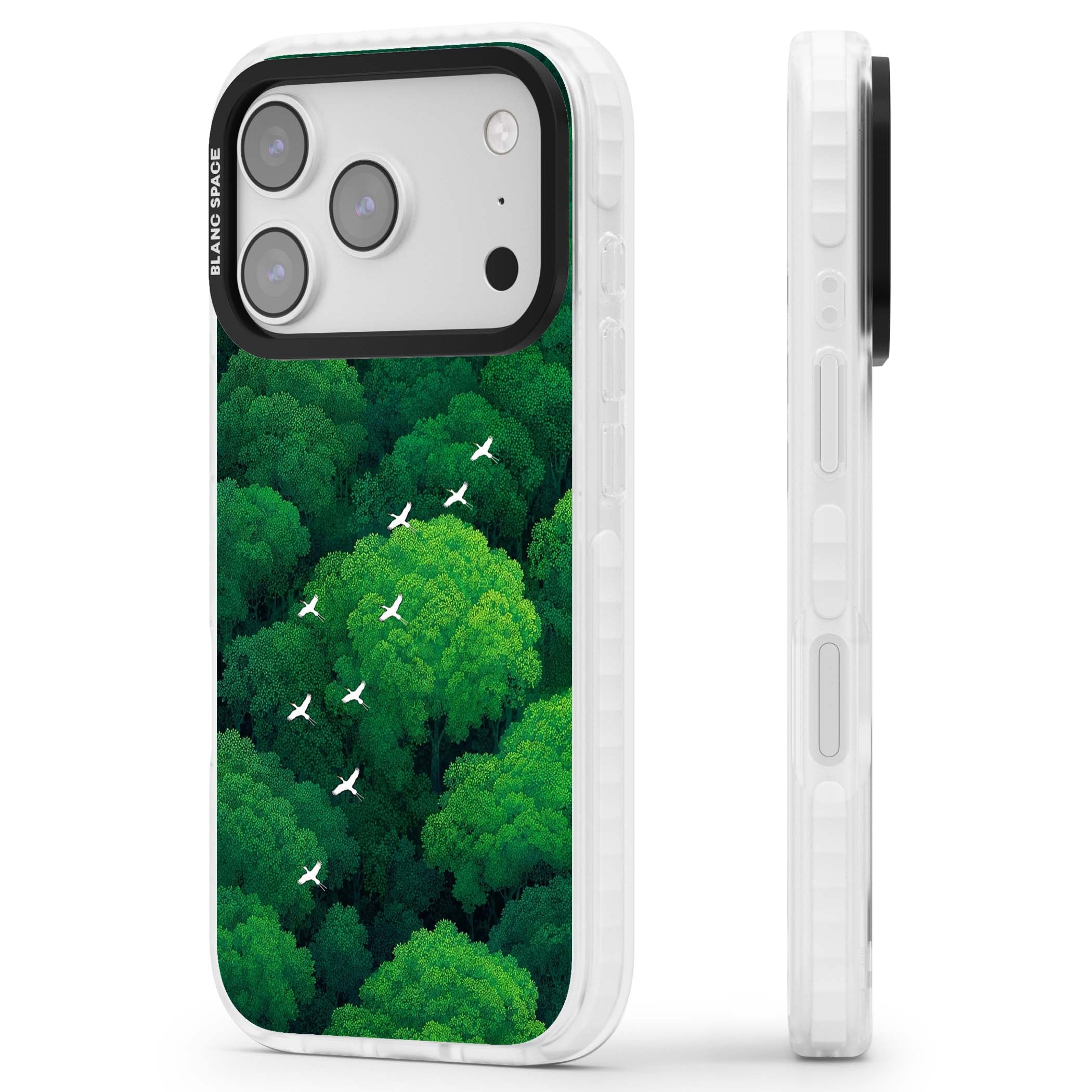 Grove Migration forest iPhone case featuring white cranes flying over lush green treetop canopy | Impact Magsafe case for iPhone 17 Pro, iPhone 17 Pro Max