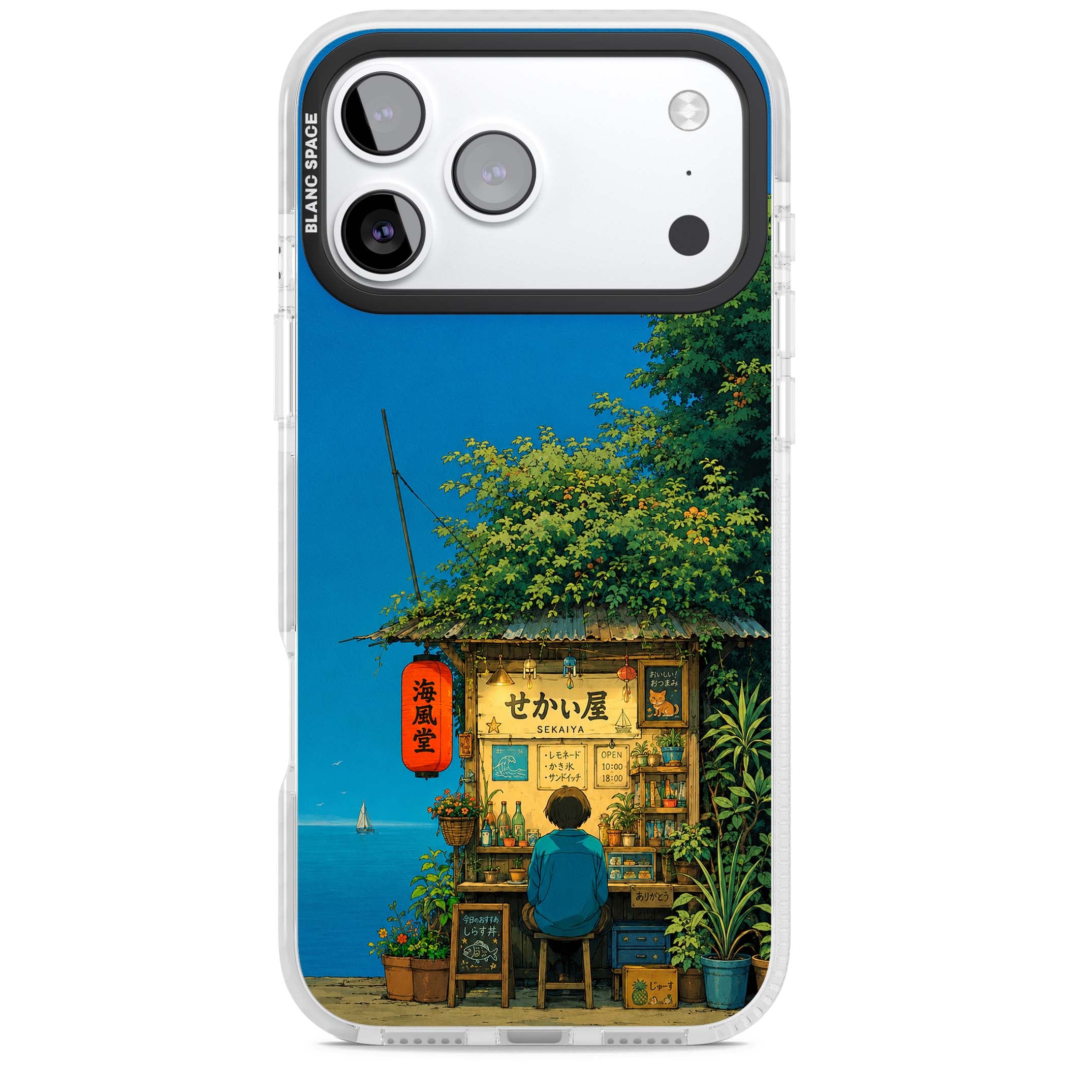 The Shirahama Kiosk anime iPhone case featuring a Japanese seaside shop, red paper lantern and ocean view | Impact Magsafe case for iPhone 17 Pro, iPhone 17 Pro Max