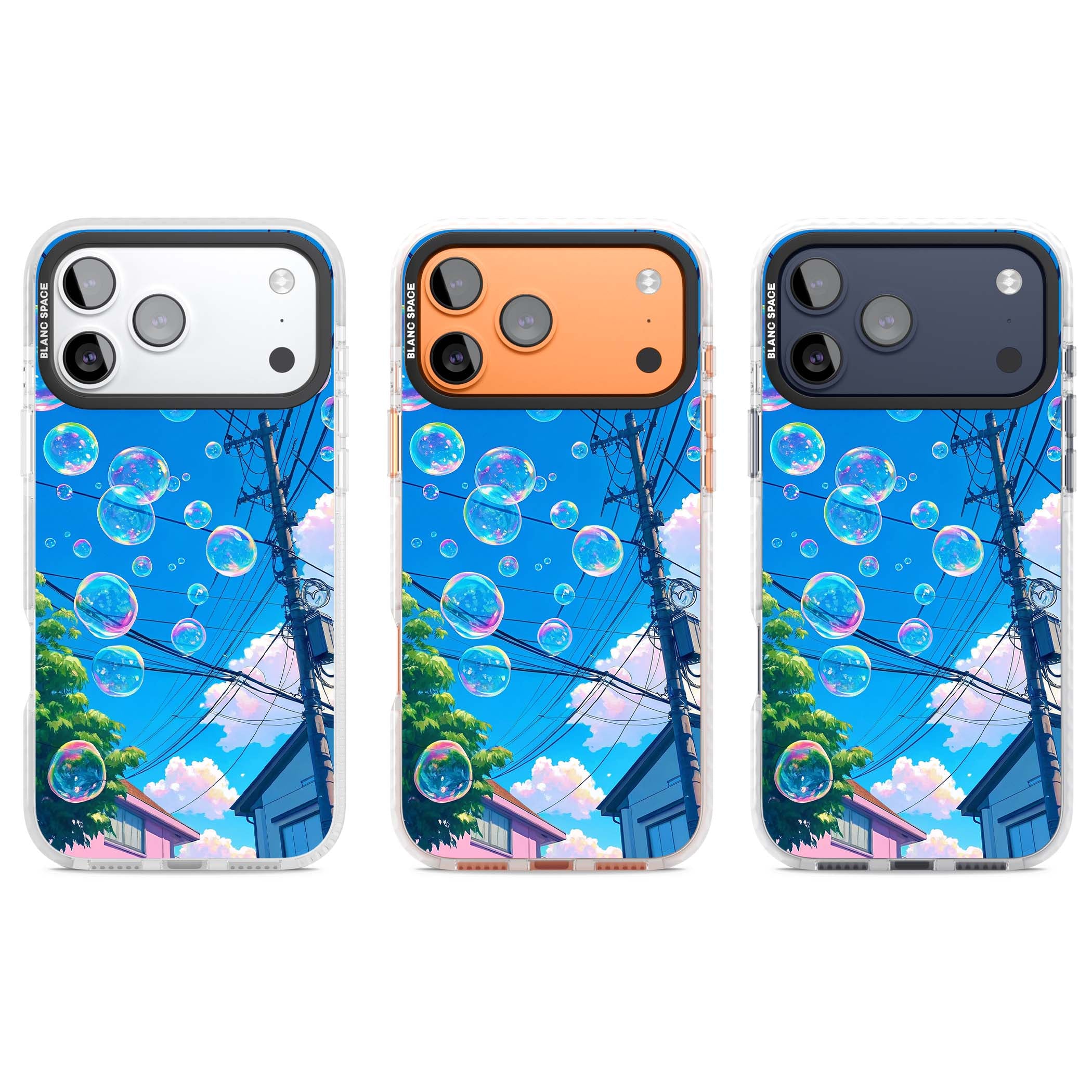 Suburban Bubbles anime iPhone case featuring iridescent soap bubbles, blue sky and Japanese telephone wires | Impact Magsafe case for iPhone 17 Pro, iPhone 17 Pro Max