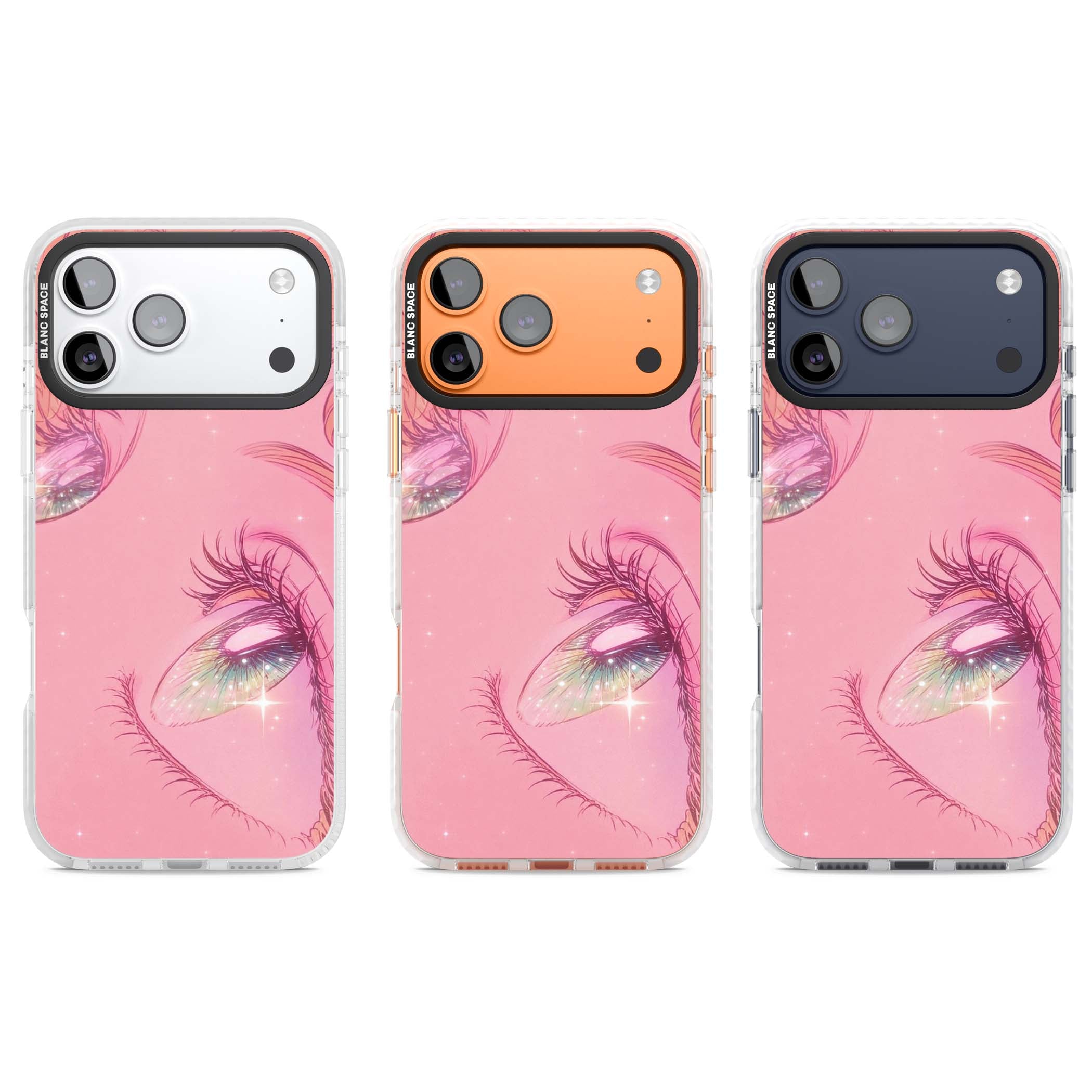 Pink Ethereal Gaze anime iPhone case featuring sparkling manga eyes, coral lashes and dreamy peach sky | Impact Magsafe case for iPhone 17 Pro, iPhone 17 Pro Max