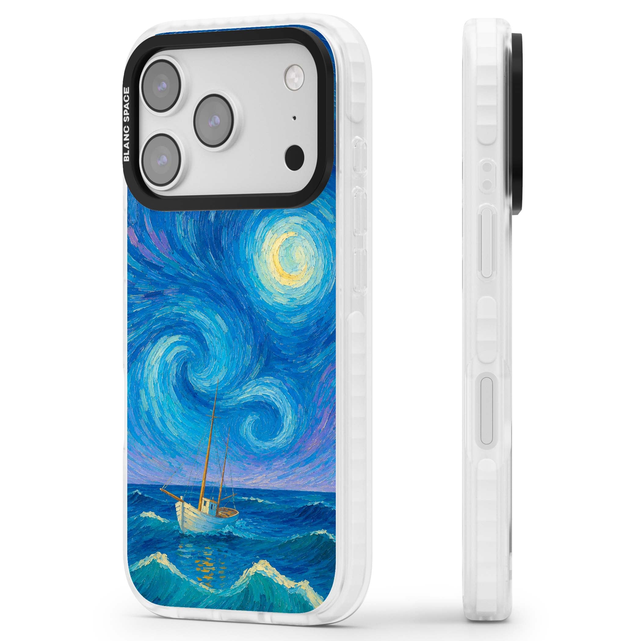 Moonlit Tide Van Gogh art iPhone case featuring swirling starry night sky, glowing moon and lone sailing boat at sea | Impact Magsafe case for iPhone 17 Pro, iPhone 17 Pro Max