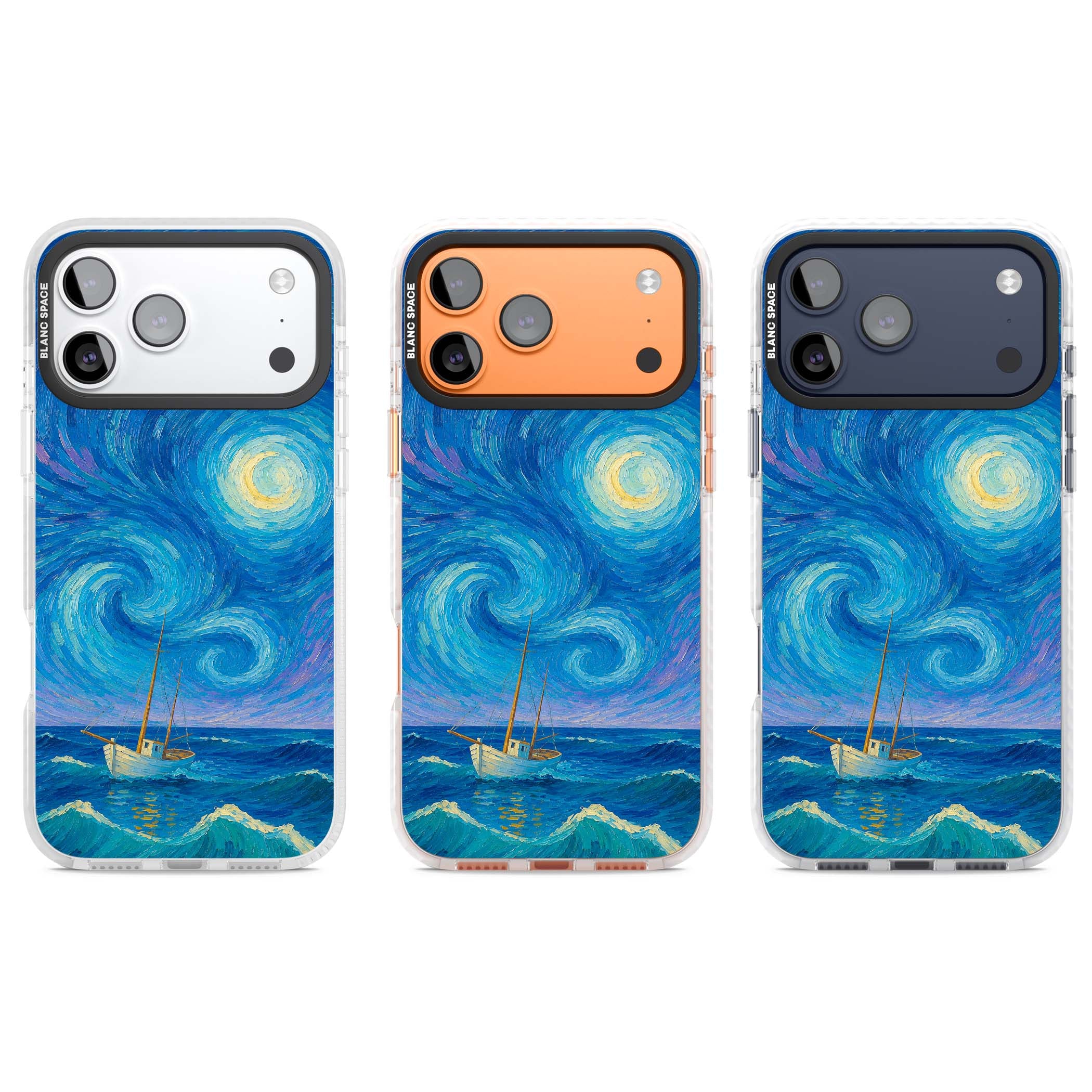 Moonlit Tide Van Gogh art iPhone case featuring swirling starry night sky, glowing moon and lone sailing boat at sea | Impact Magsafe case for iPhone 17 Pro, iPhone 17 Pro Max