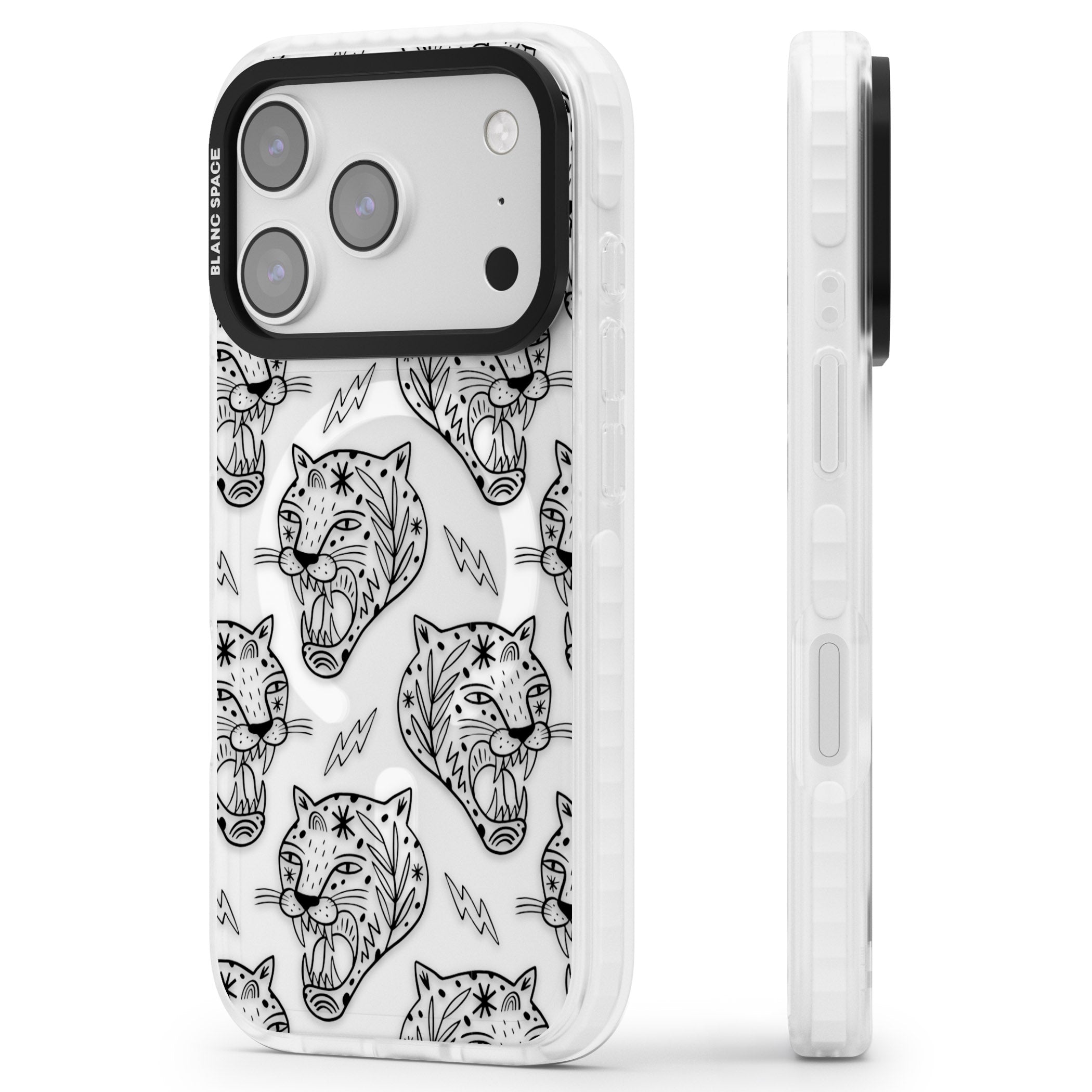 Black Tiger Roar Pattern iPhone 17 Pro Impact Pro Clear Phone Case Side Profile