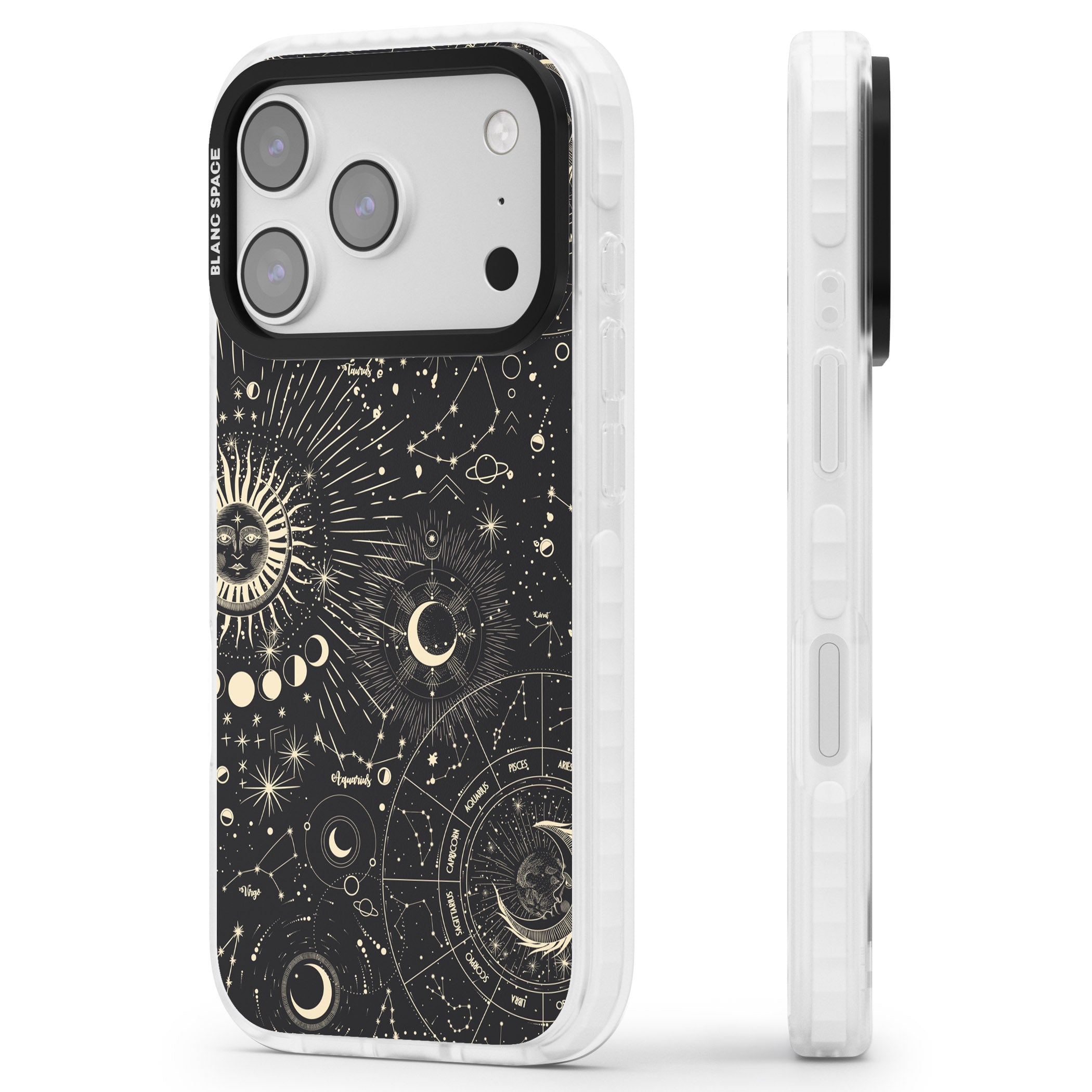 Suns & Zodiac Celestial Chart iPhone 17 Pro Impact Pro Clear Phone Case Side Profile