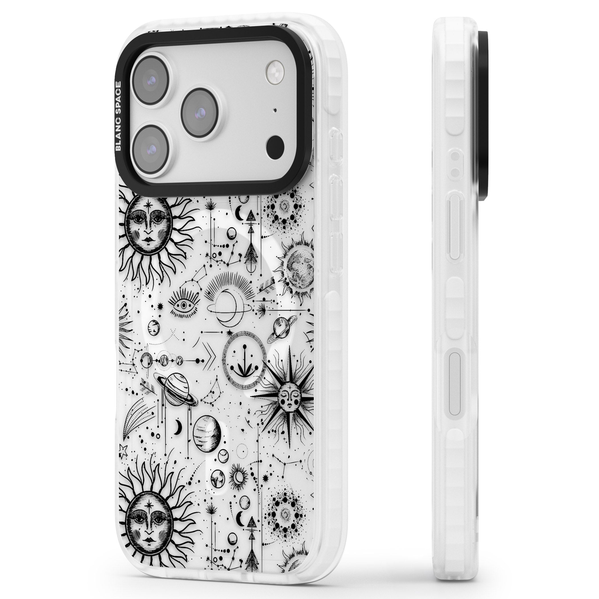 Cosmic Sun & Planets Zodiac iPhone 17 Pro Max Impact Pro Clear Phone Case Side Profile