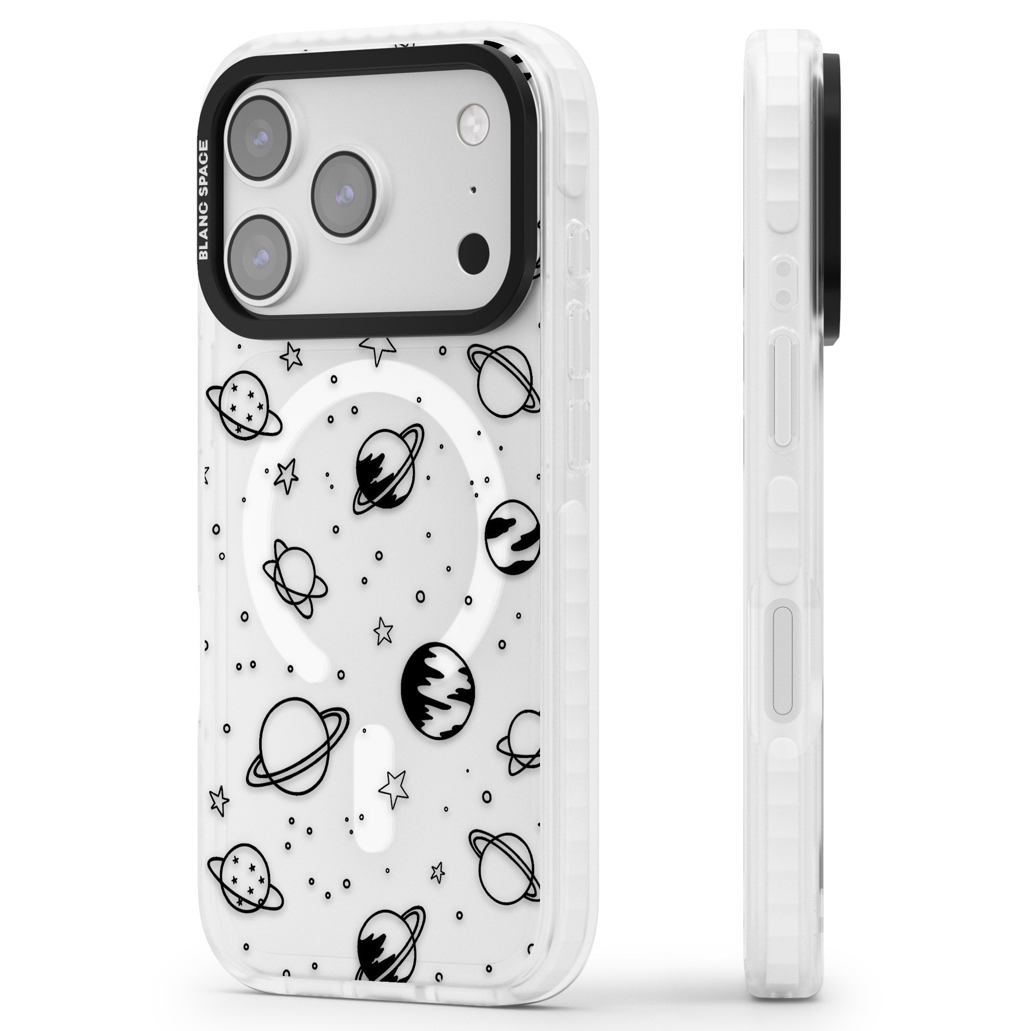 Cosmic Sketch Black Clear iPhone 17 Pro Max Impact Pro Clear Phone Case Side Profile