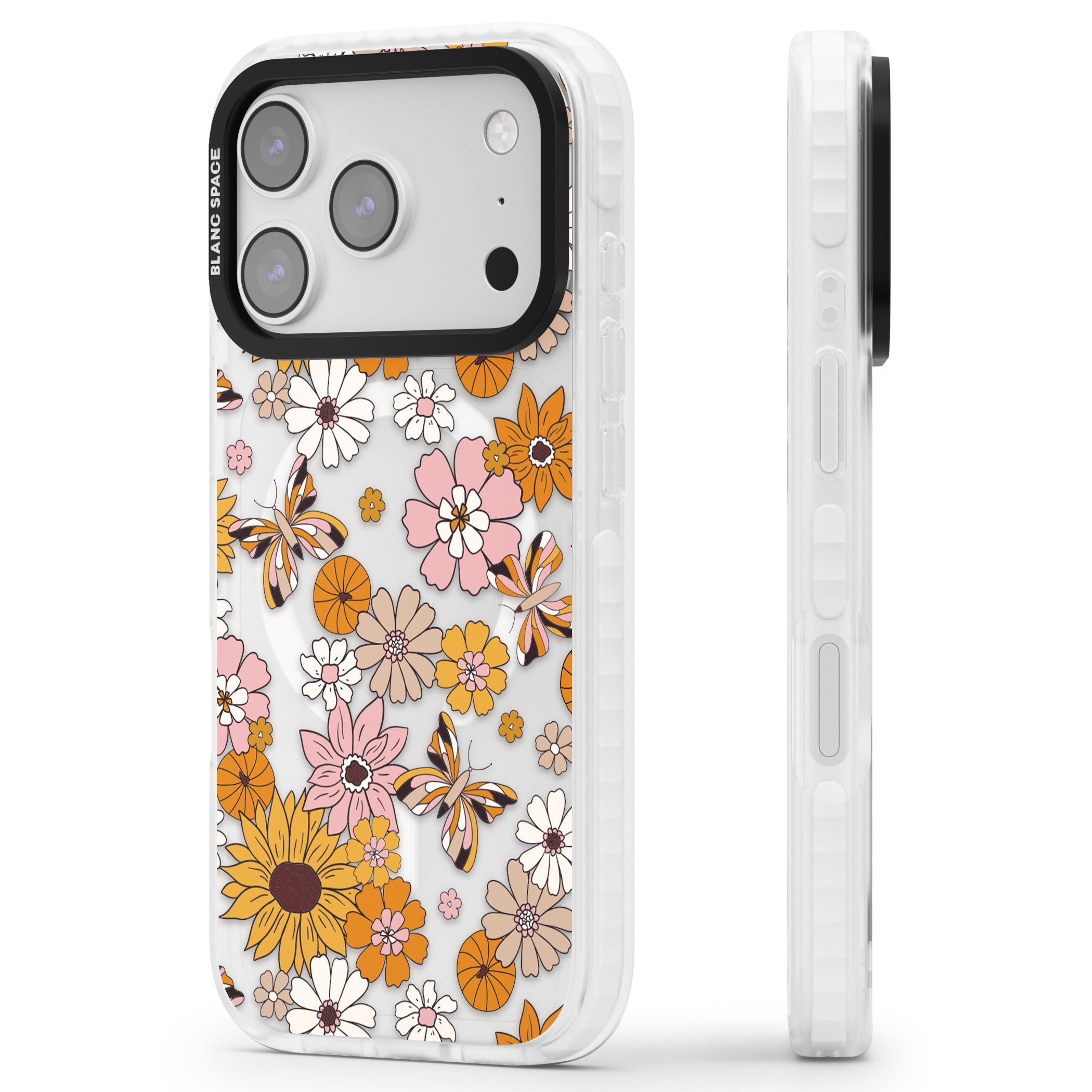 Butterfly Bloom Autumn Floral iPhone 17 Pro Max Impact Pro Clear Phone Case Side Profile