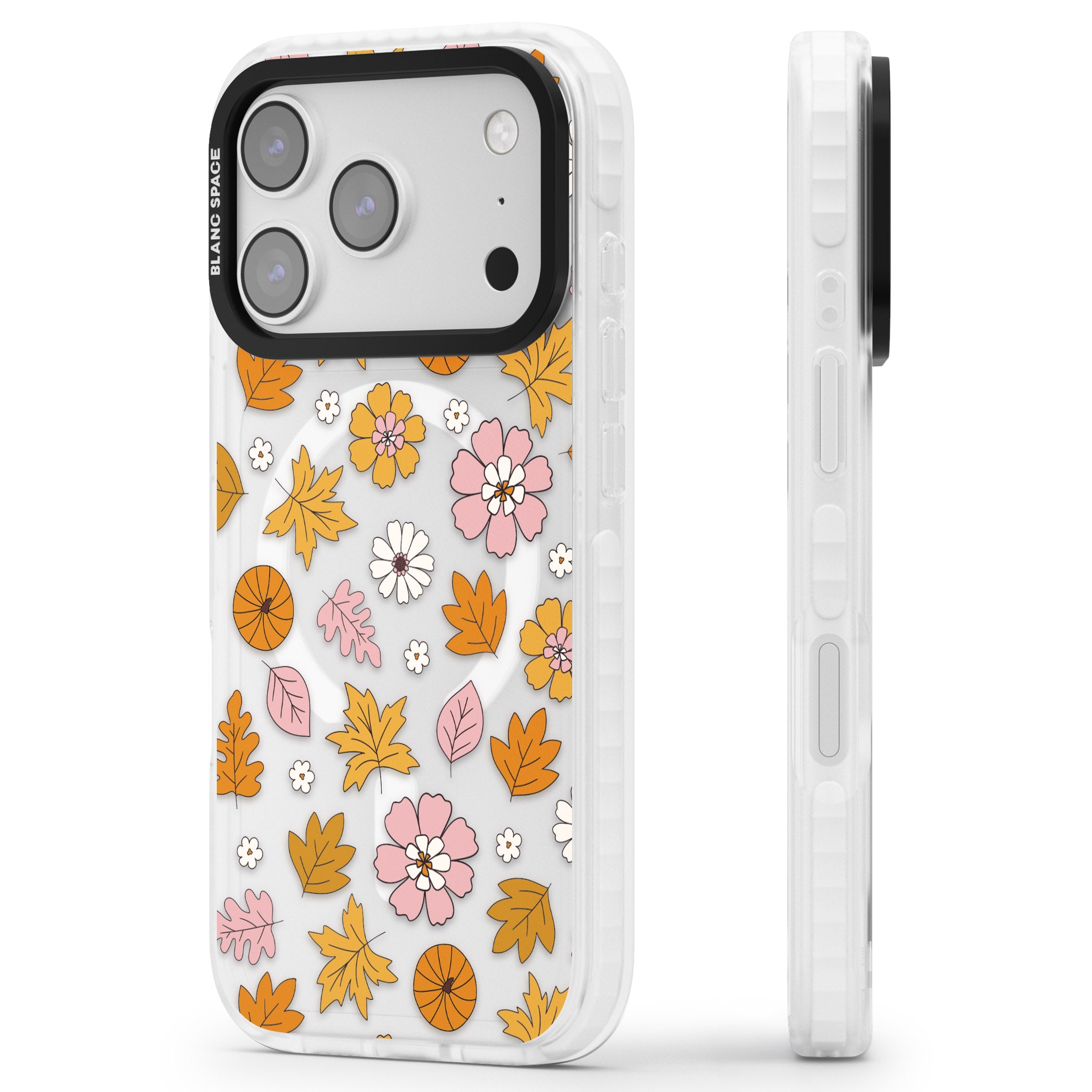 Autumn Leaves And Flowers iPhone 17 Pro Impact Pro Clear Phone Case Side Profile